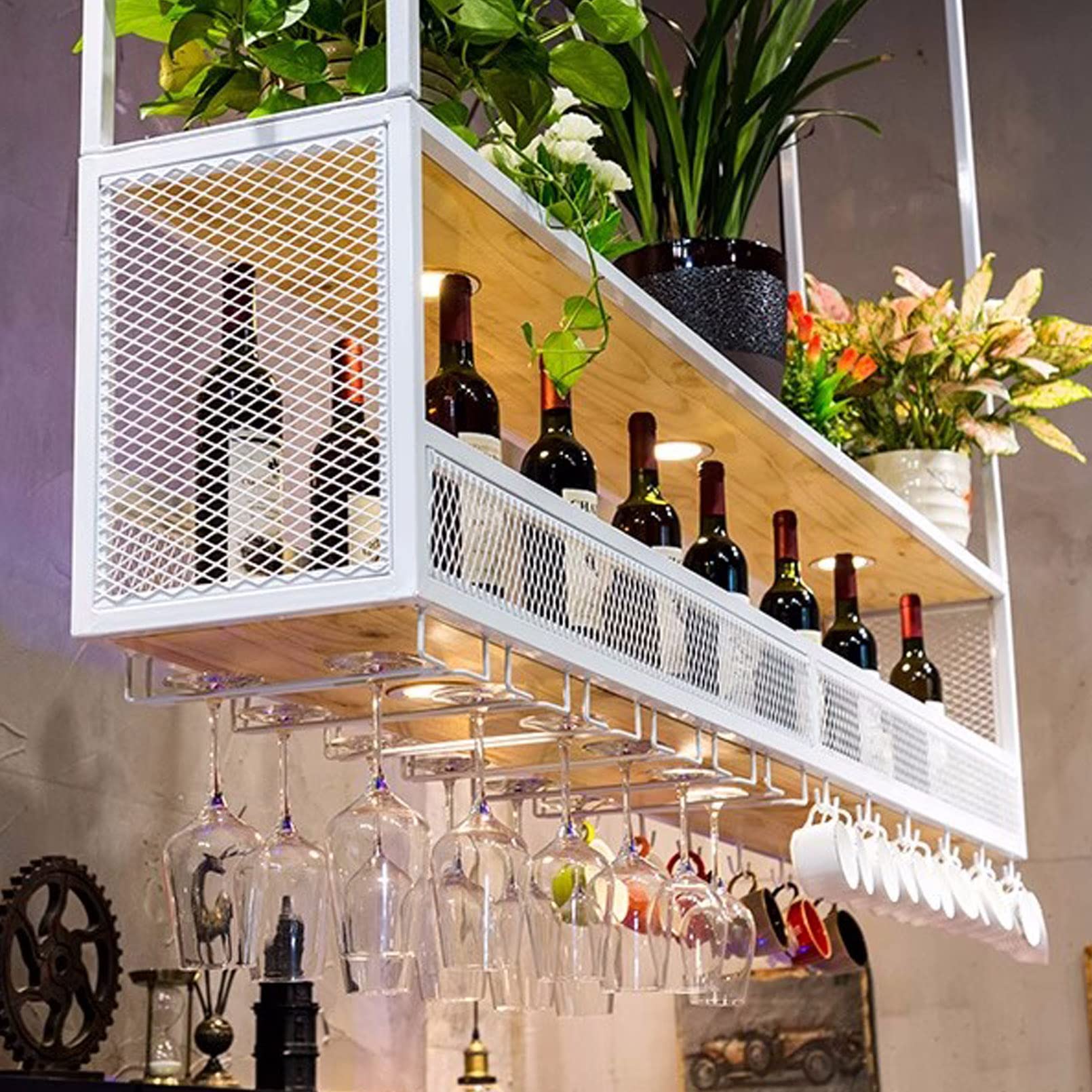 Étagère à vin murale avec éclairage led noir pour bouteilles et verres
