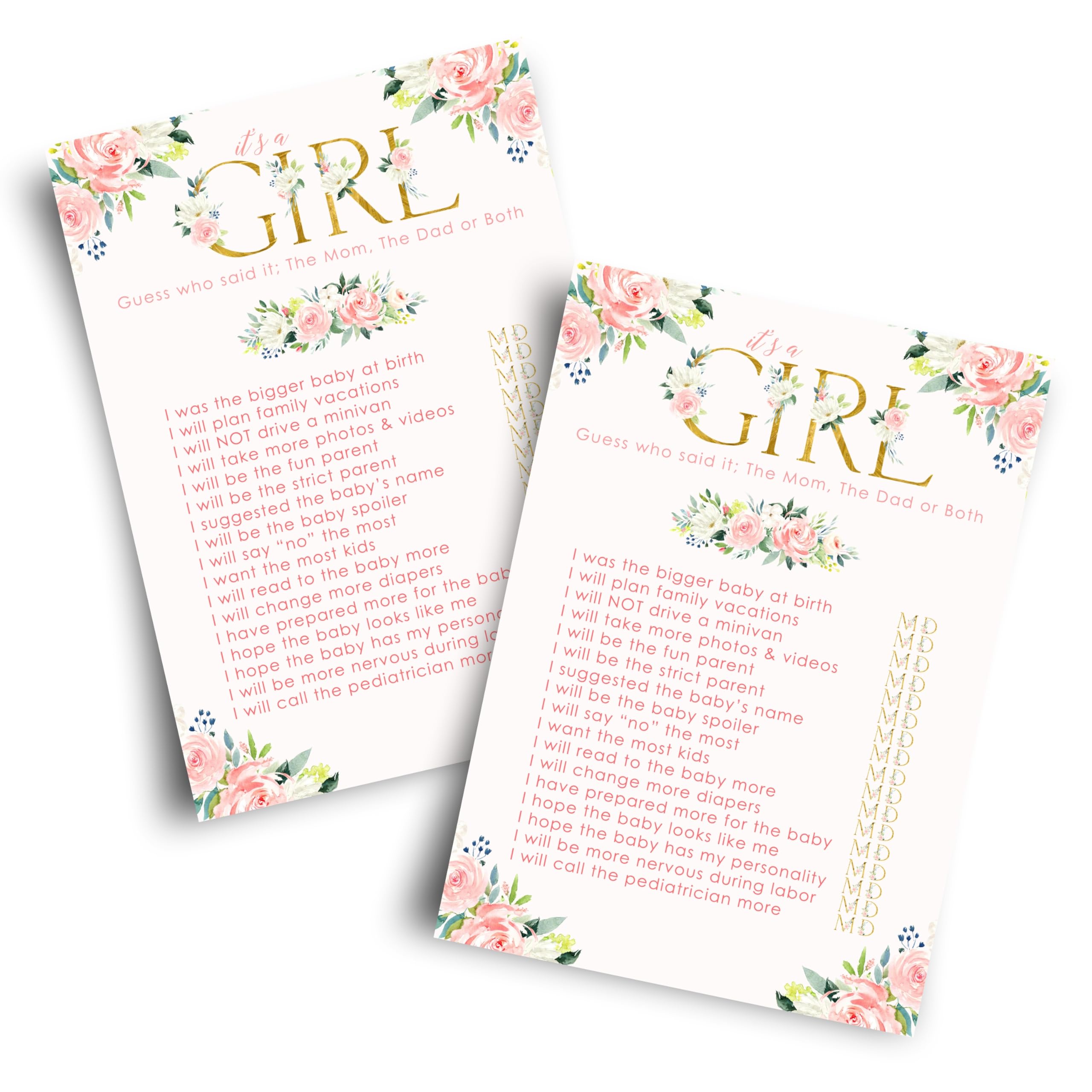 Paper Clever Party Oh Girl Baby Shower Games Hilarious - 25 Guess Who Mommy or Daddy Game Cards - Fun Guessing Activities for Guests - Rustic Floral Theme Pink and Gold