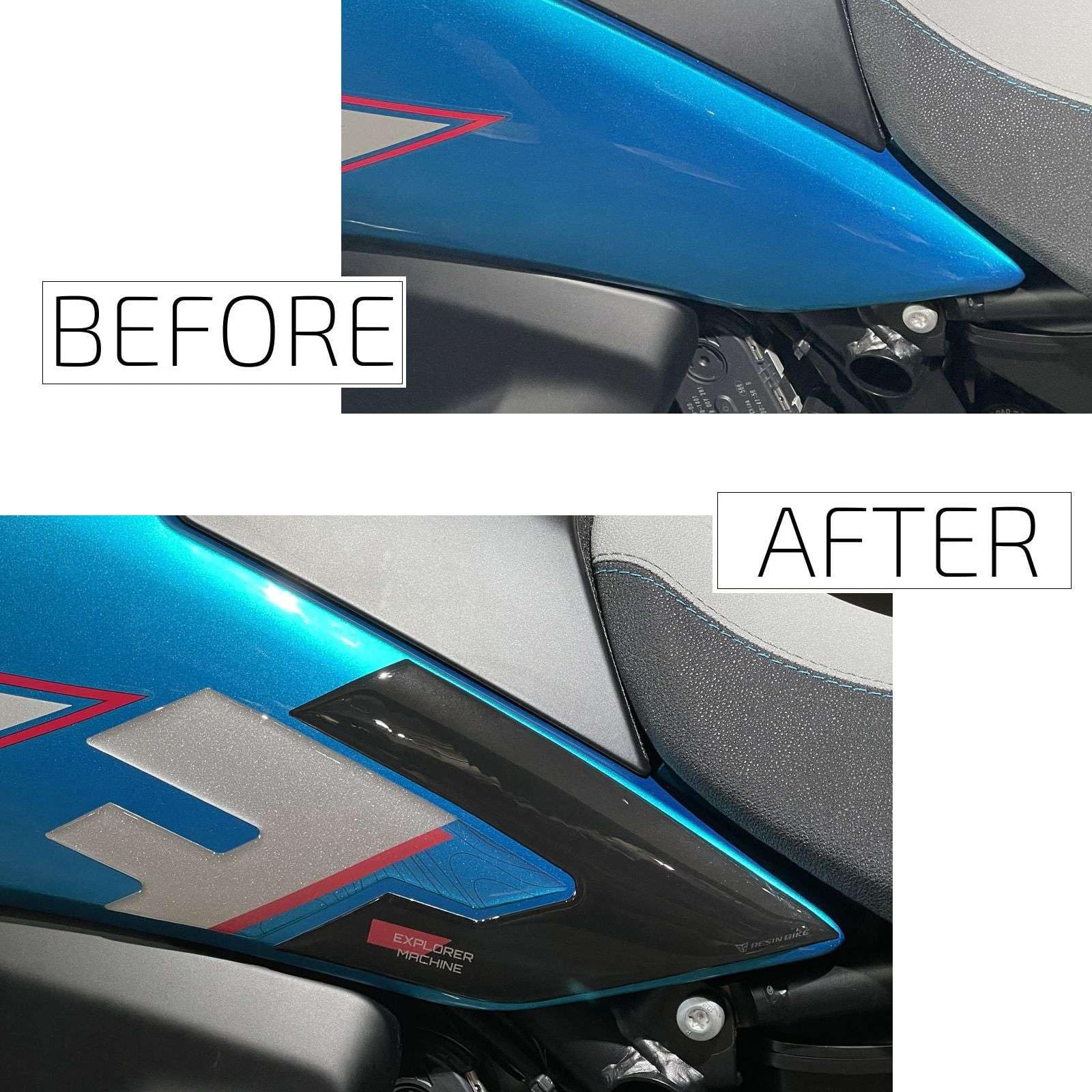 Resin Bike Adhesivos de Moto Compatibles con CF Moto 800 MT-X 2025-2026 Zephyr Blue. Protección Latérales del Tanque de Choques y Arañazos de Moto. Par de Pegatinas 3D Resinadas Made in Italy