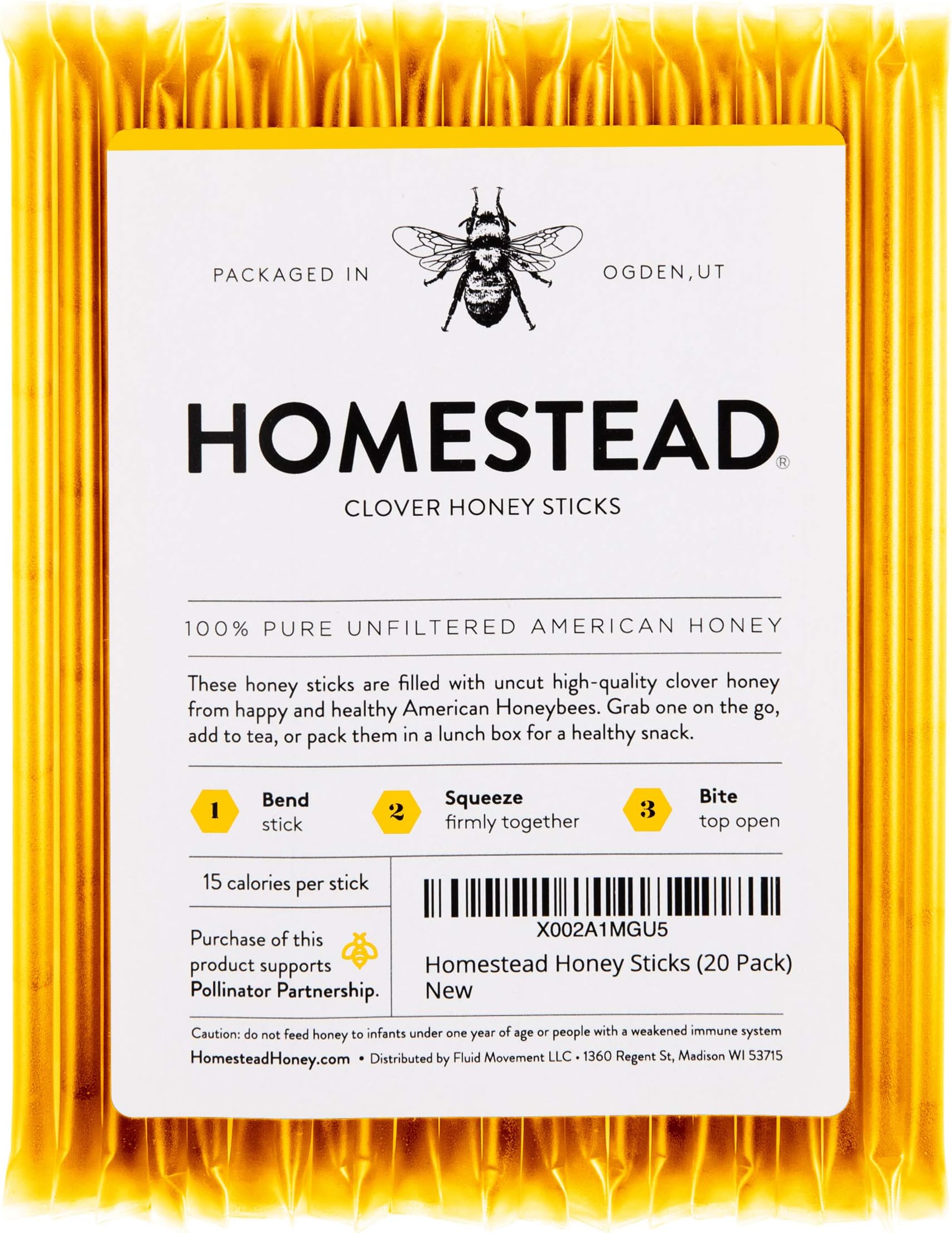 Homestead Honey Sticks for Tea (20 Count) - 100% Pure, Uncut, Unfiltered, American Honey Stick - Honeysticks Raw - Honey Stir Sticks - Honey Straw - Honeycomb Stick - Sticks of Honey for Tea