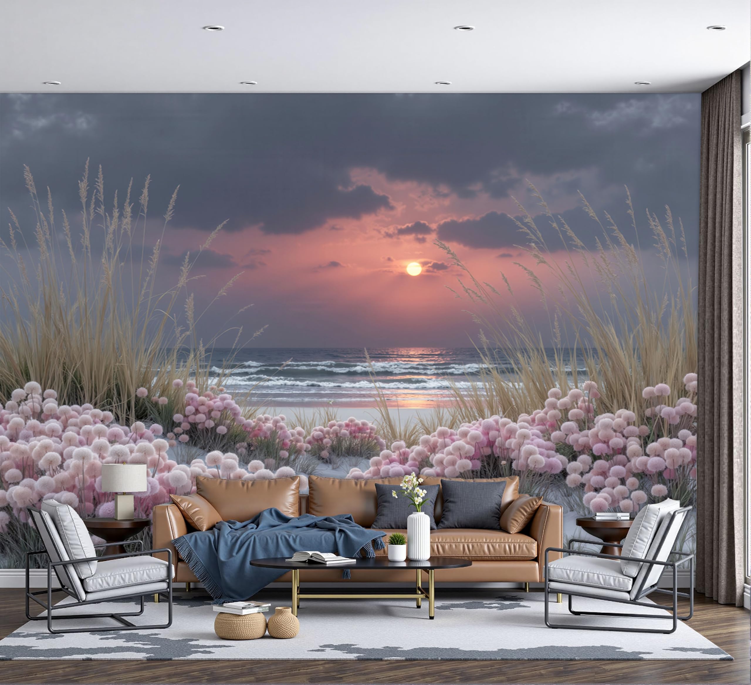 Papier peint panoramique cote romantique herbe plage poster geant mural salon chambre 250x175