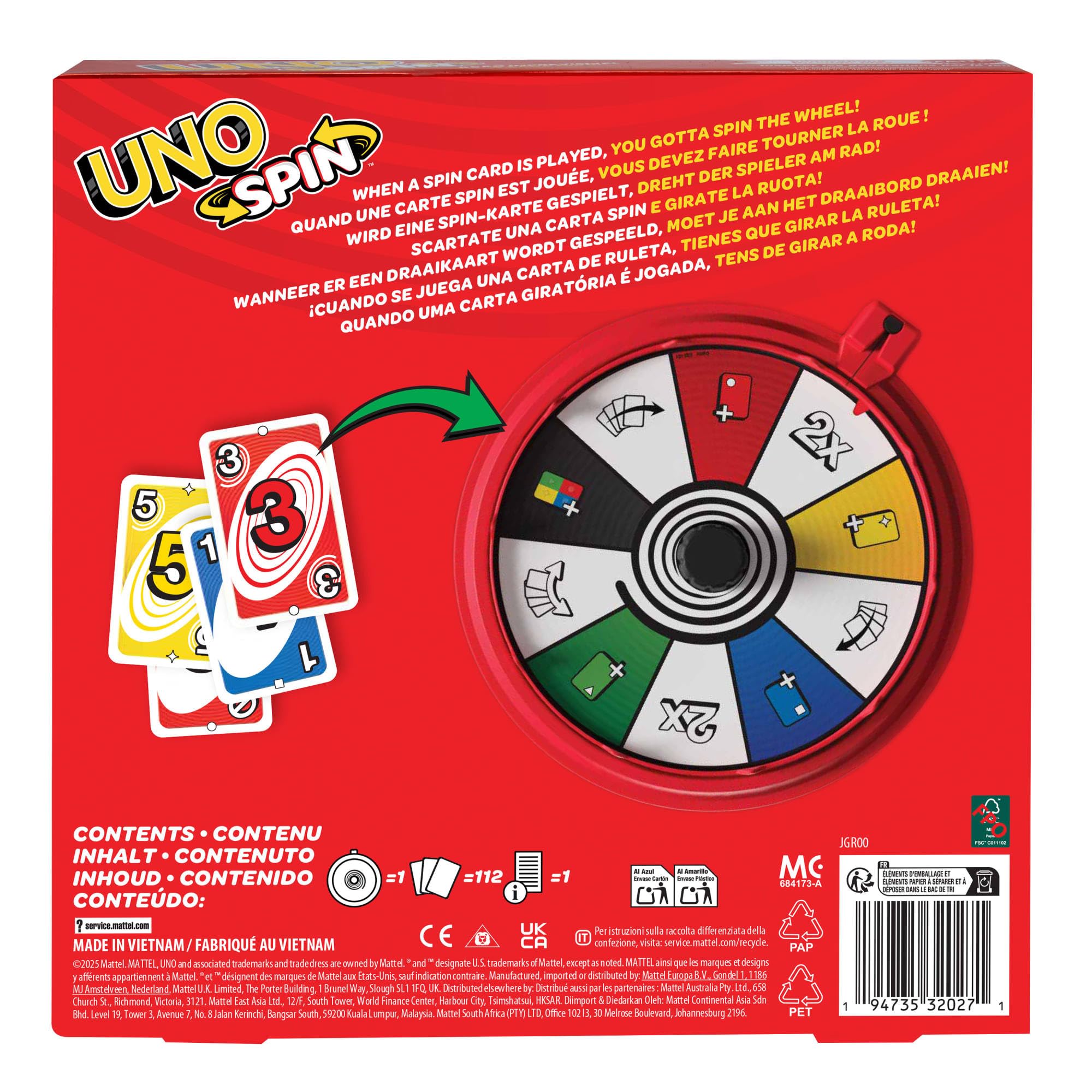 Mattel Karty UNO Spin Towarzyska, imprezowa i rodzinna gra karciana, klasyczna rozgrywka + koło UNO Spin™, nowe wyzwania i reguły, gra dla dzieci 7+ i dorosłych, JGR00 | Klasyczna zabawa z losowym spinnerem, wyzwania i specjalne zasady dla dzieci, nastola