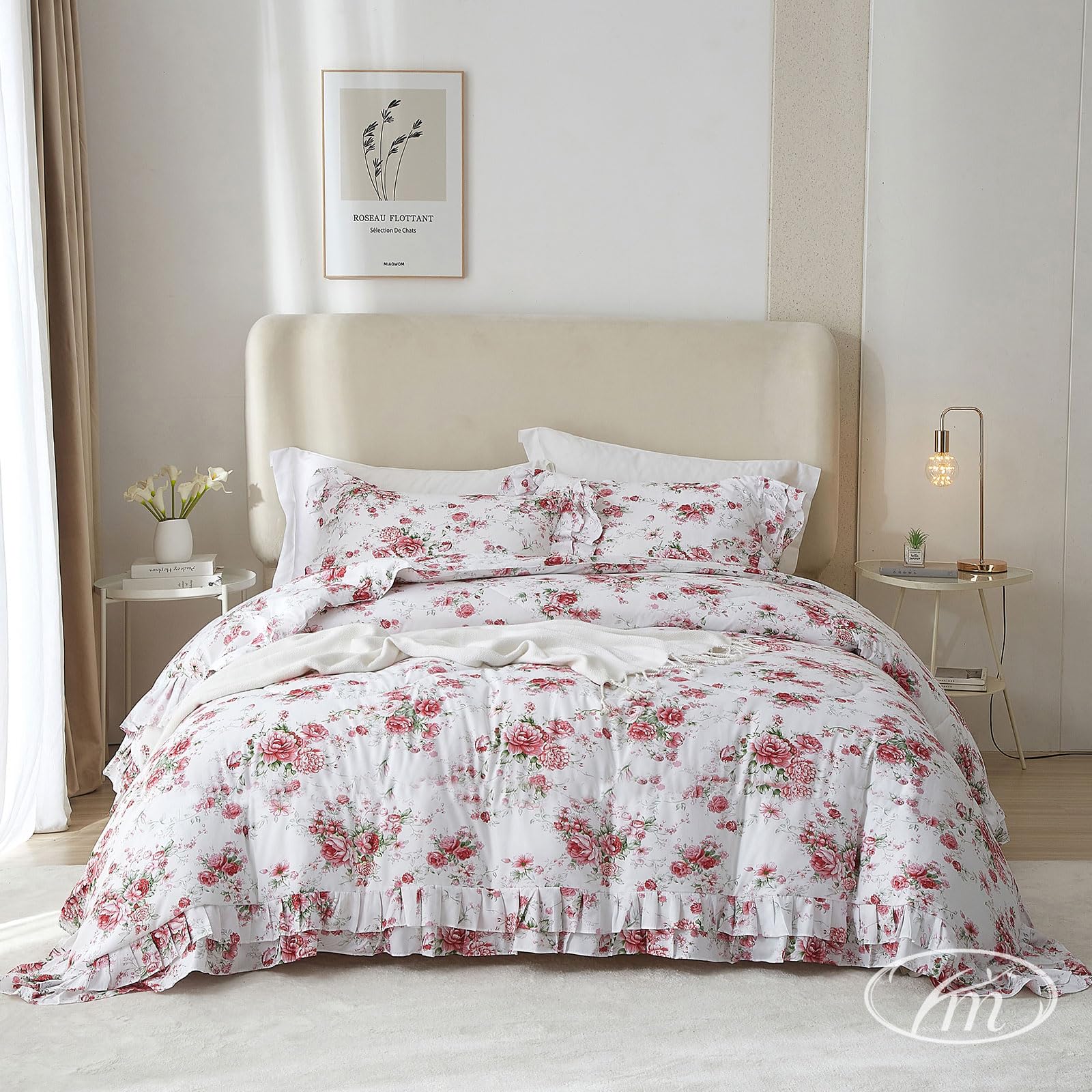 VM VOUGEMARKET Rose Flower Duvet Cover Set Queen Romantic Girls Ruffle Bedding Set Soft Microfiber Botanical Duvet Cover with 2 Pillow Shams