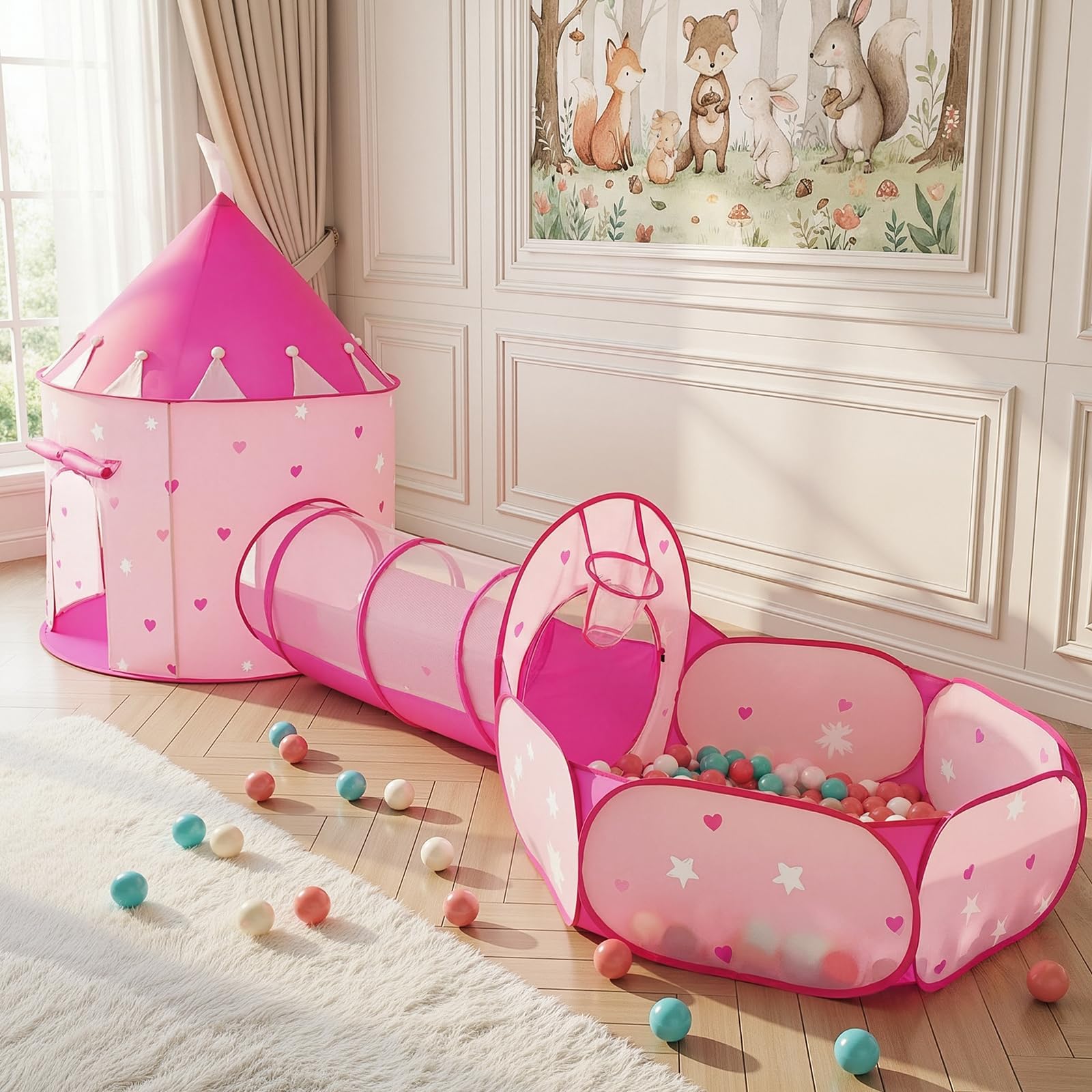 SISTICKER Kids Play Tents with Tunnel: 3 in 1 Pop Up Tunnel Tents with Ball Pit for Todders with Storage Bag(Excluding Balls) - Baby Playhouse Fort Indoor Birthday Toys(Pink)