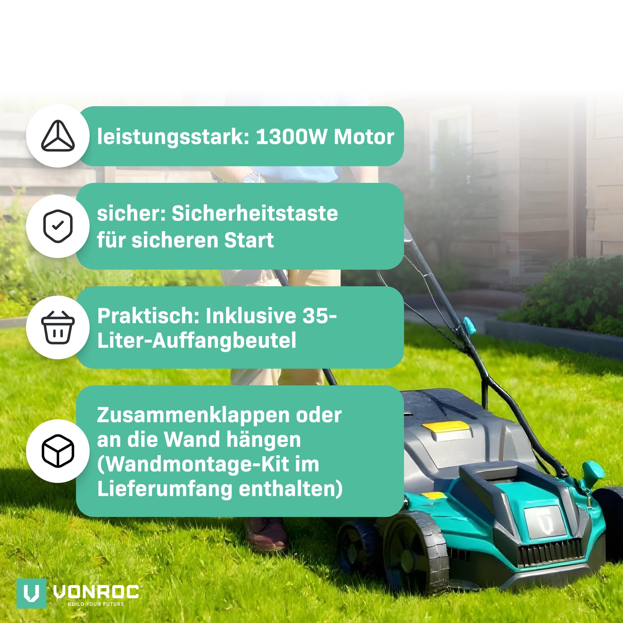 VONROC Vertikutierer Elektro - Rasenbelüfter 1300W