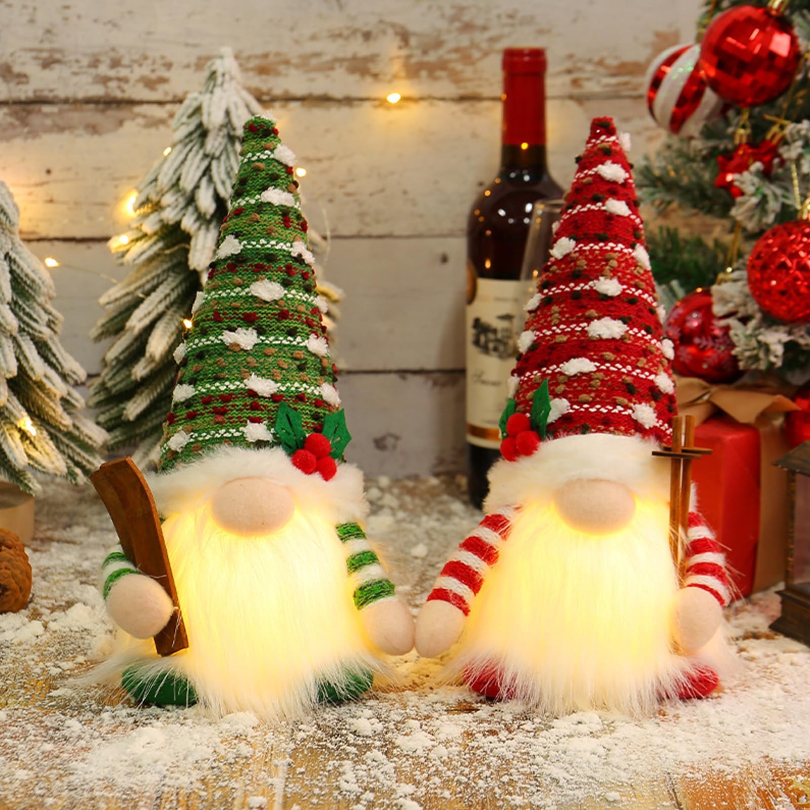 Beauenty 2 PCS 11" Christmas Gnome Lights, Glitter Plush Faceless Gnomes, Battery Operated Winter Tabletop Christmas Decorations, Lighted Gnomes Plush Christmas Gif (Red & Green)
