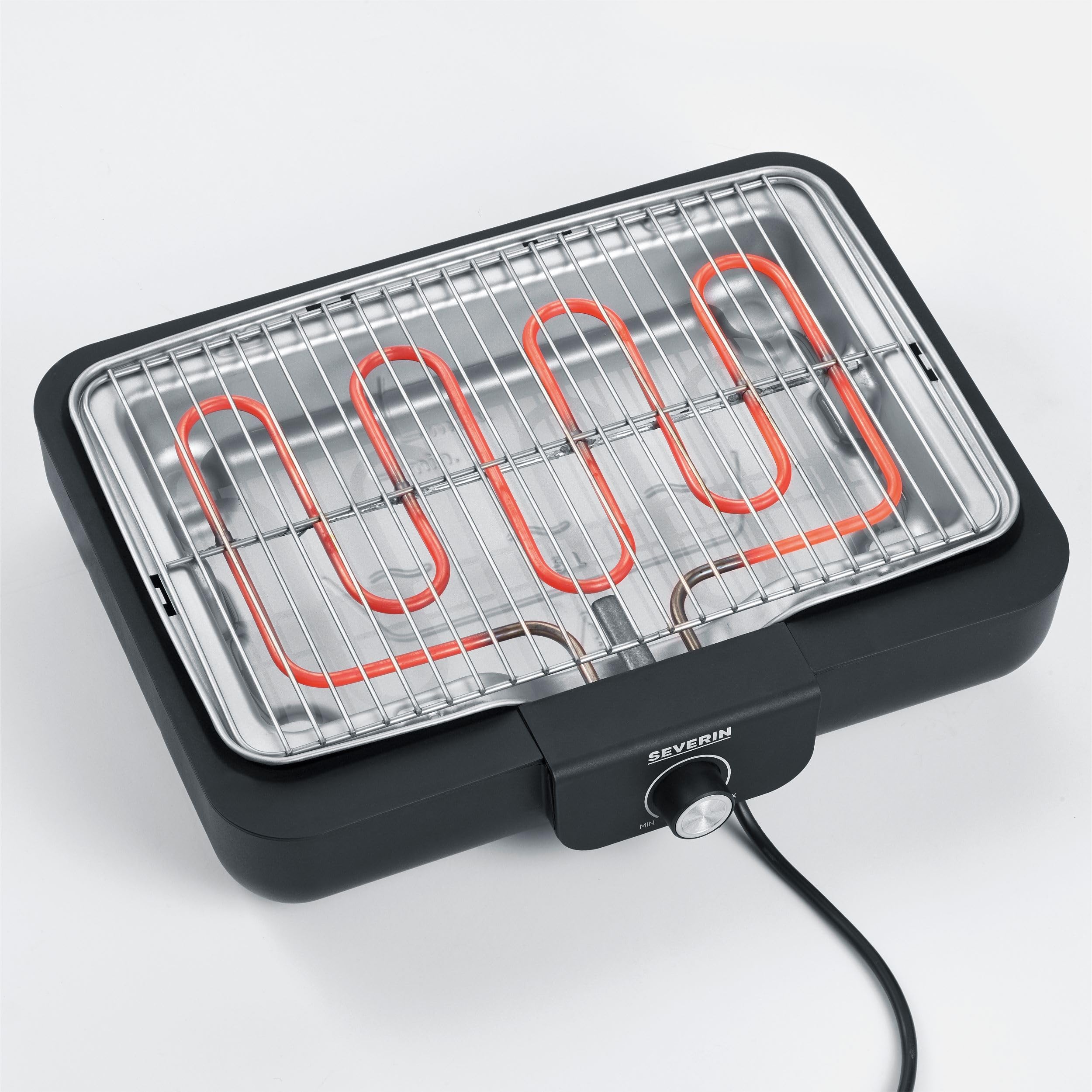 SEVERIN PG 8554 grill stołowy z rusztem do grillowania ze stali nierdzewnej, do użytku wewnątrz i na zewnątrz, 2300 W, 37 x 29 cm, regulacja temperatury, sterowany termostatem, czarny, PG 8554