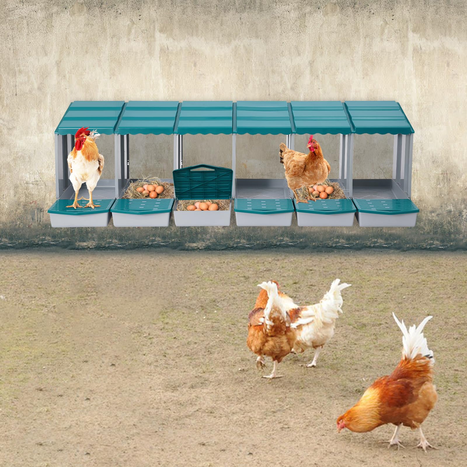 Nido de 6 compartimentos para pollos, nido de pollo con suelo inclinado y orificios de ventilación, accesorios para gallinero, para patio, jardín y gallinero, montaje en pared y suelo (verde 1)