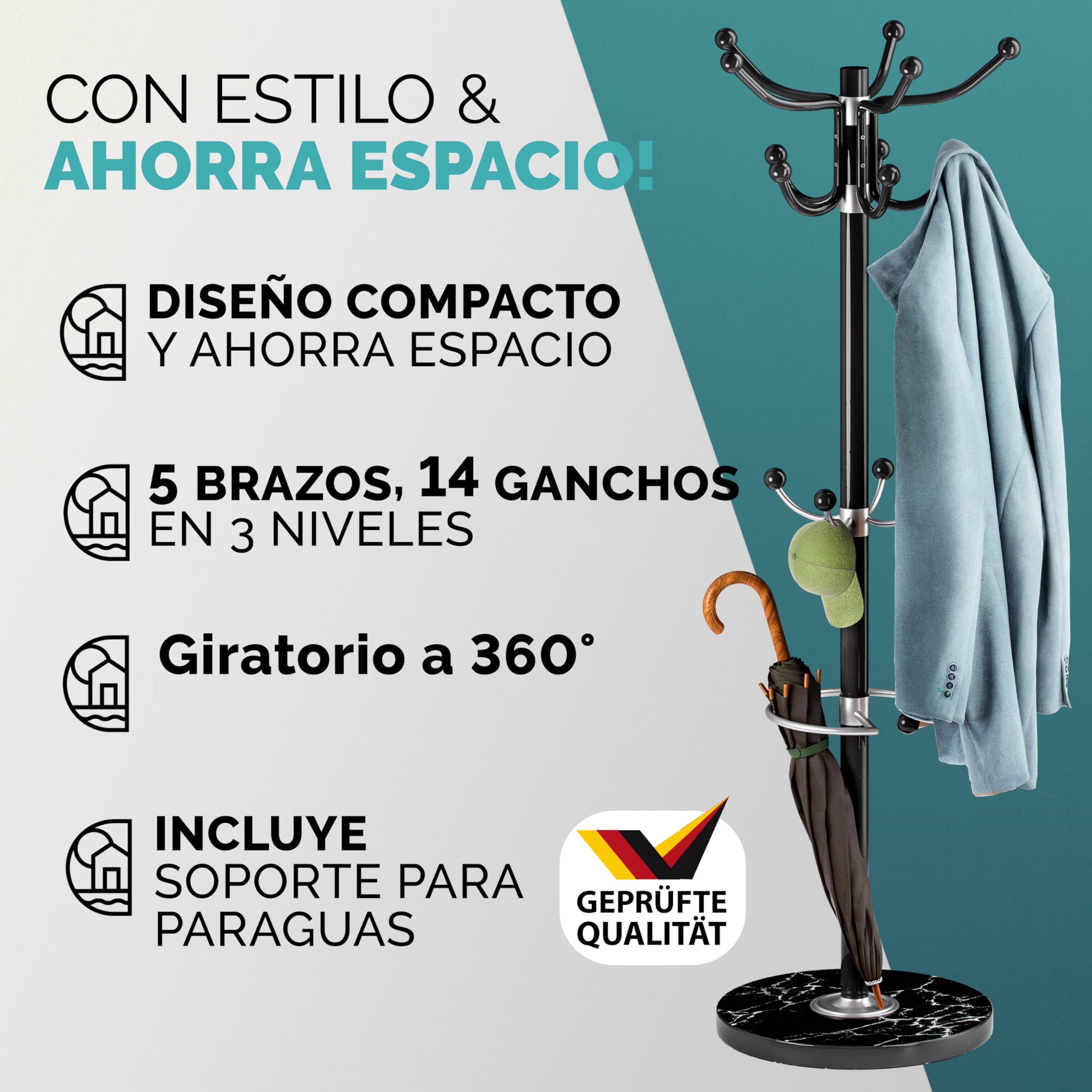 CASARIA® Perchero de Pie, Forma de Árbol, Percheros Pasillo,14 Ganchos, Base Mármol, Recibidor Entrada, Colgador Chaquetas Sombreros Ropa Resistente Bolsos 175x37cm
