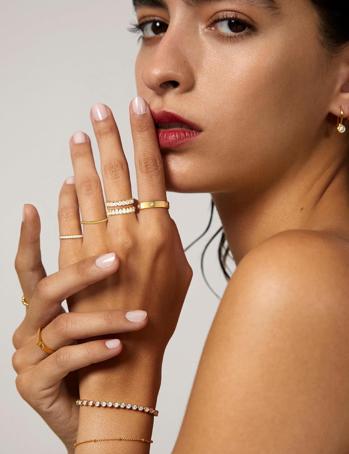 Stackable Gold Rings for Women Non Tarnish Wedding 14K Gold Plated Stacking Cubic Zirconia Thumb Ring Set Stack Engagement Eternity Dainty Bands Pinky Statement Promise Gold Jewelry Size 6-10
