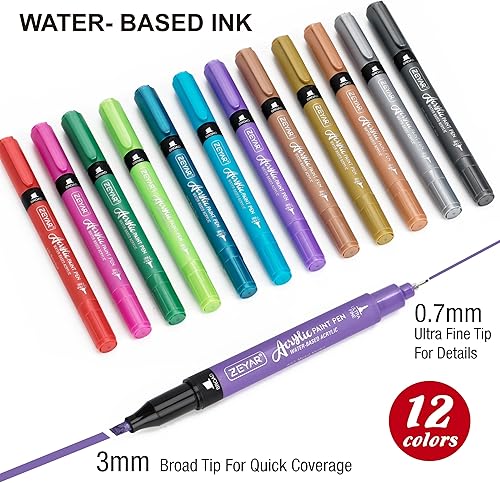 Miniatura 2 de ZEYAR Bolígrafo de pintura acrílica, aguja extrafina y punta de cincel, 12 colores metálicos, tinta impermeable, funciona en rocas, madera, vidrio,