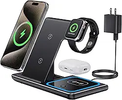 QTlier Carregador sem fio, dobrável, 3 em 1, estação de carregamento rápido de 15 W com certificação Qi para AirPods/Apple Watch se/6/5/4/3/2/1, suporte de carregamento para iPhone 12/11/11pro/X/XS/XR/Xs Max/8/8 Plus/Samsung (preto)