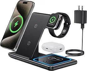 QTlier Carregador sem fio, dobrável, 3 em 1, estação de carregamento rápido de 15 W com certificação Qi para AirPods/Apple Watch se/6/5/4/3/2/1, suporte de carregamento para iPhone 12/11/11pro/X/XS/XR/Xs Max/8/8 Plus/Samsung (preto)