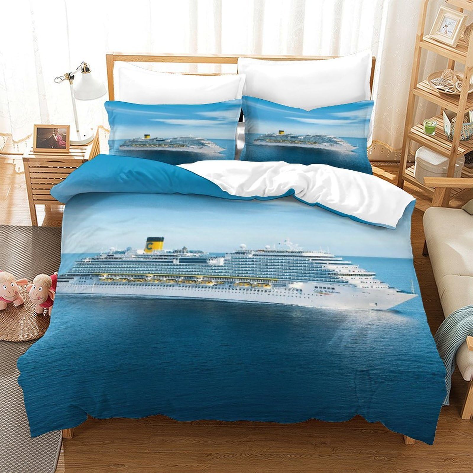 Lililaobiao Boys Luxury Cruise Ship-2 Luxury Cruise Ship Pattern Bedding Set Double（200X200cm）, Ocean Liner Duvet Cover With Pillowcases, Quilt Cover Set Soft Microfiber Comforter Cover Kids & Adults