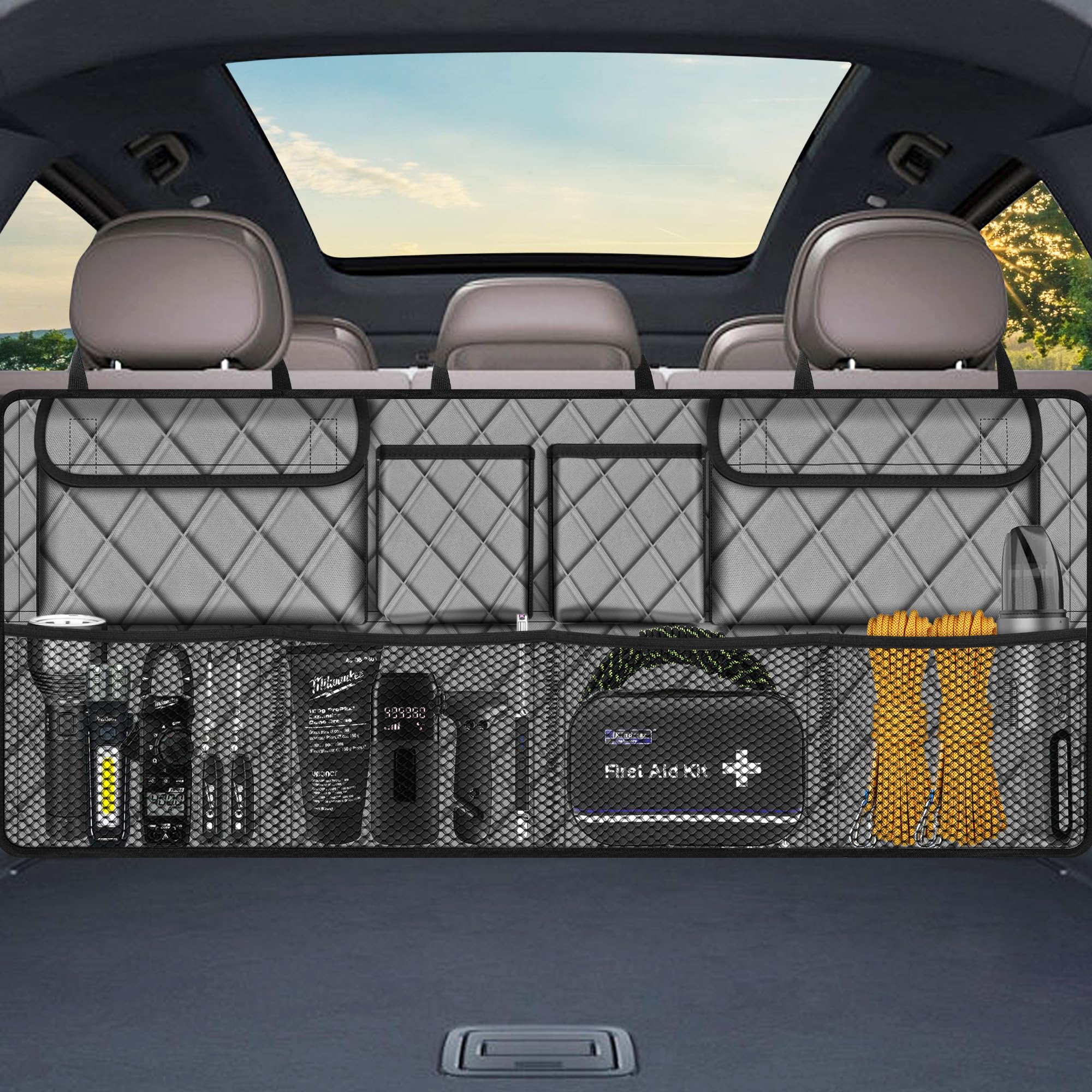 Femuar Car Trunk Organizer, Large Capacity Backseat Trunk Organizer (42"*18"), Collapsible Car Storage Bag with 8 Pockets, SUV/MPV/Truck - Grey