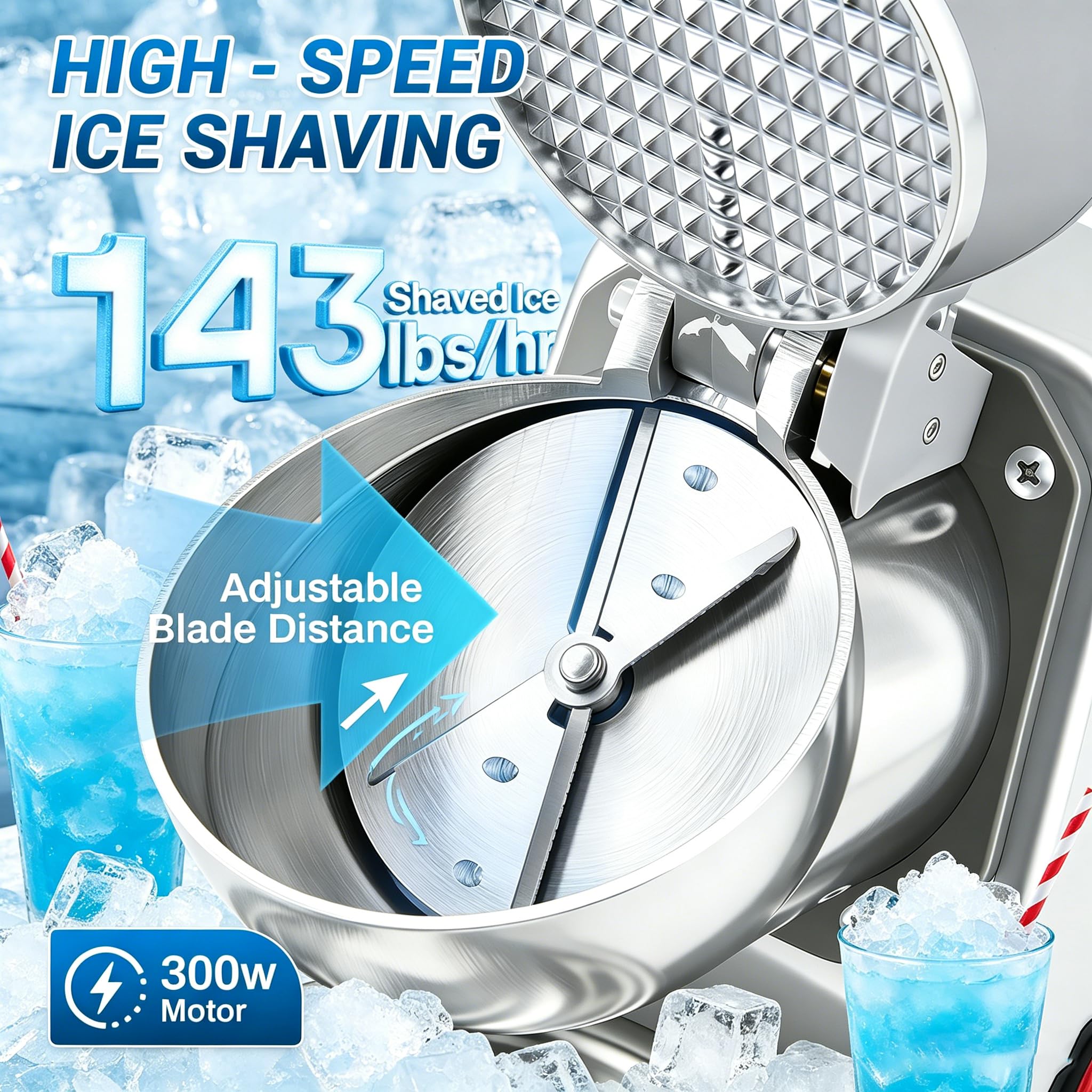Trituradora de hielo 100 kg/h, máquina de slush profesional con tazón y tapa, 300 W 2200 rpm, para casa/bar/oficina - 4 cuchillas, velocidad