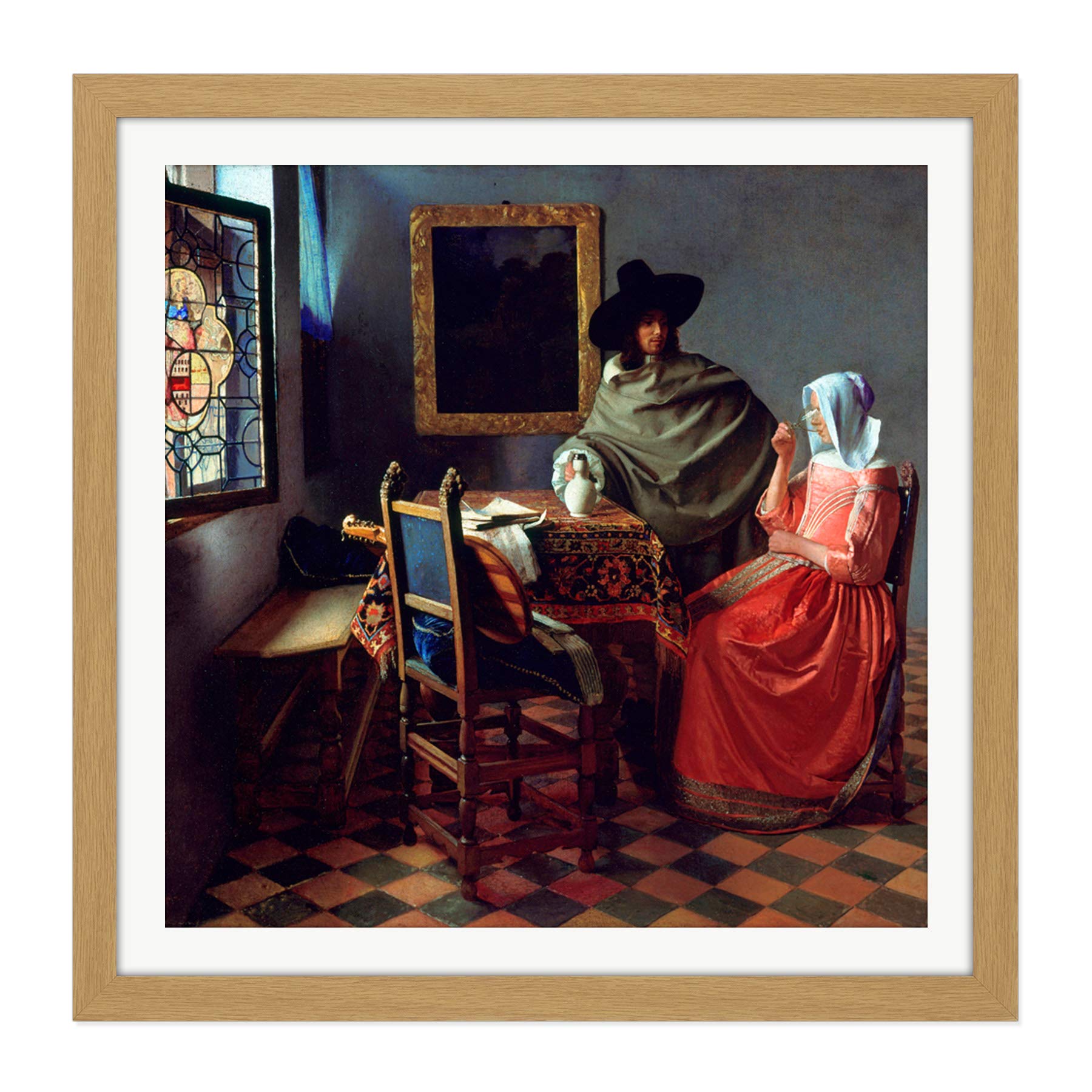 Jan Vermeer Van Delft The Glass Of Wine Square Wooden Framed Wall Art Print Picture 16X16 Inch, Framed Light Oak 16X16