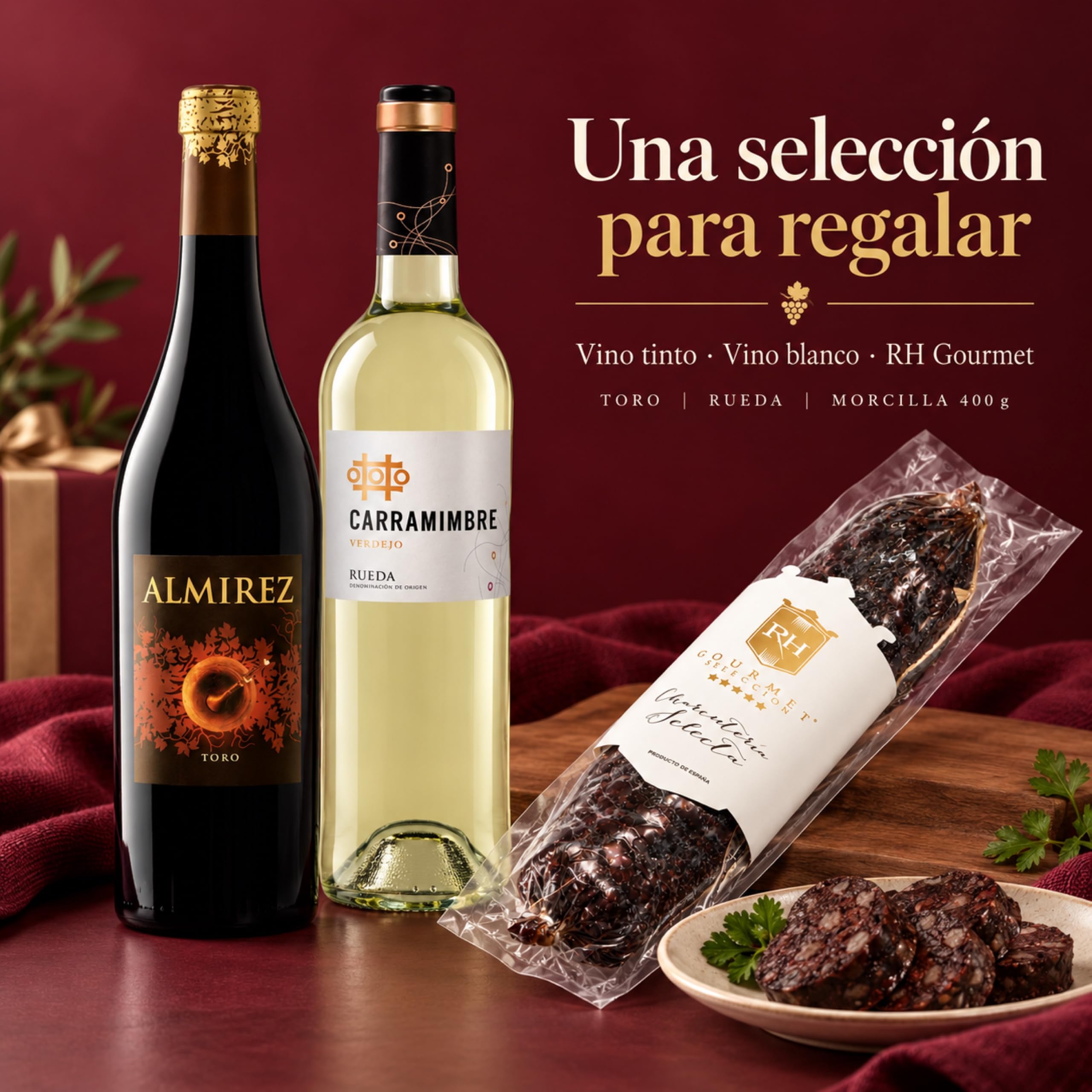 Cesta gourmet Navidad Almirez y Carramimbre Verdejo con morcilla ibérica gourmet 400 g RH Gourmet, pack de 2 botellas 75 cl