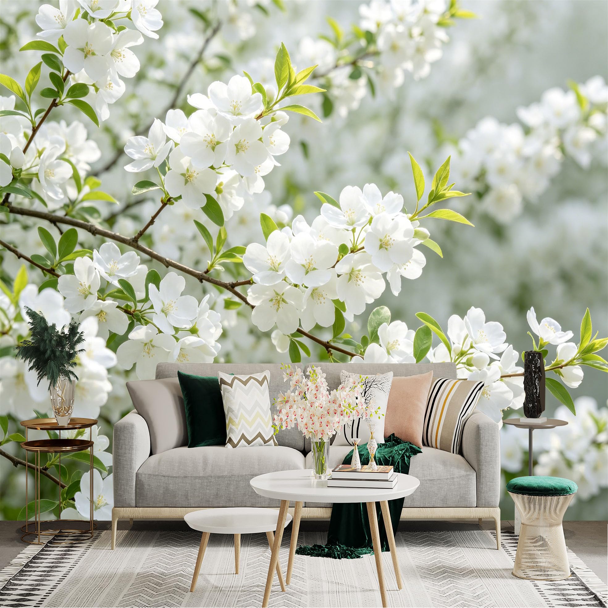Lnzczhyre Dbh260521168 Custom Size Wall Sticker Mural， White Spring Blossom， Soft Floral Branches， Blooming Nature Scene， For Wall Decoration， Peelandstick Wall Decals.