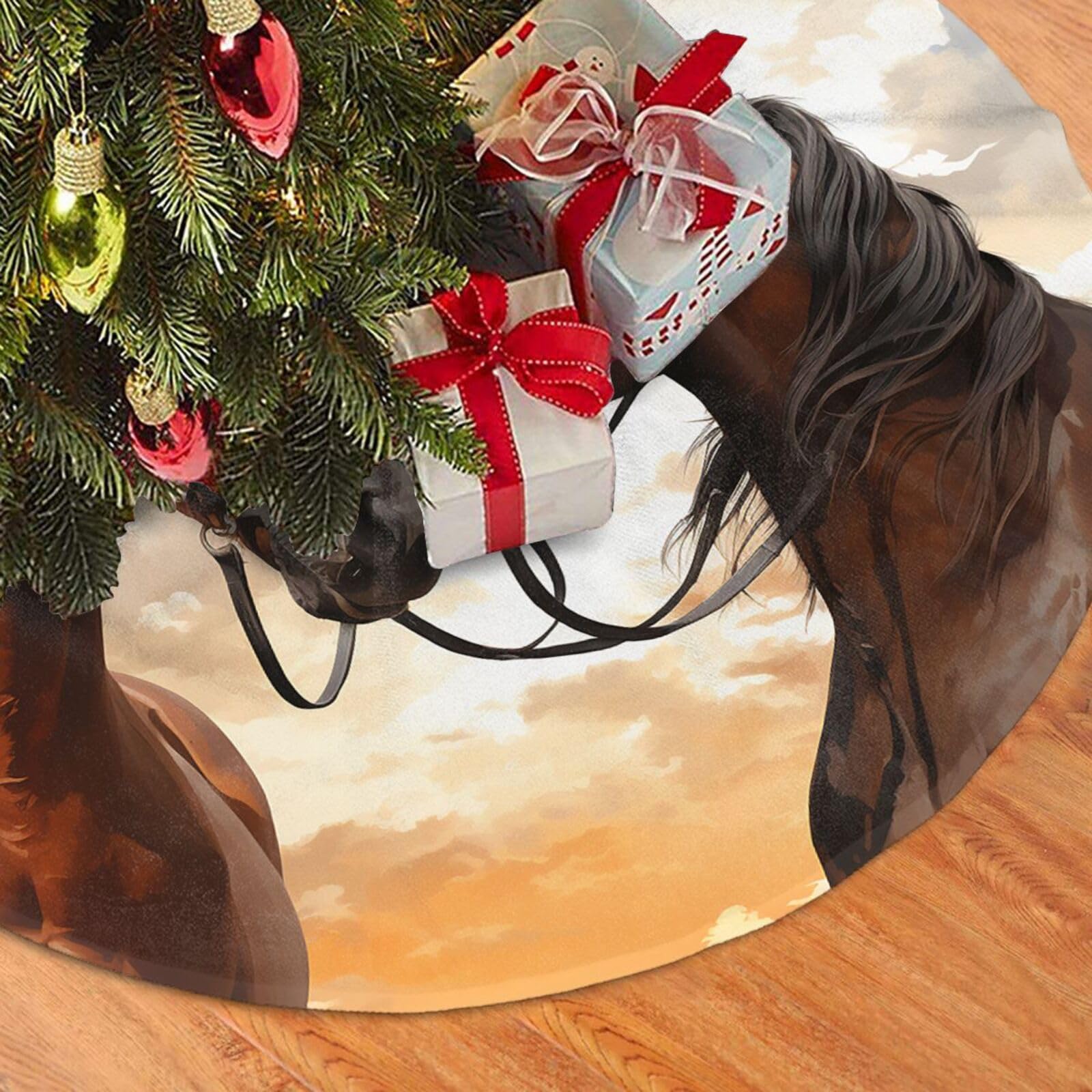 Fodpand Black Couple Horse Christmas Tree Skirt 48" Velvet Xmas Tree Skirt Mat Rustic Christmas Tree Mat Cover Winter Xmas Tree Collar For Indoor Outdoor Christmas Decorations