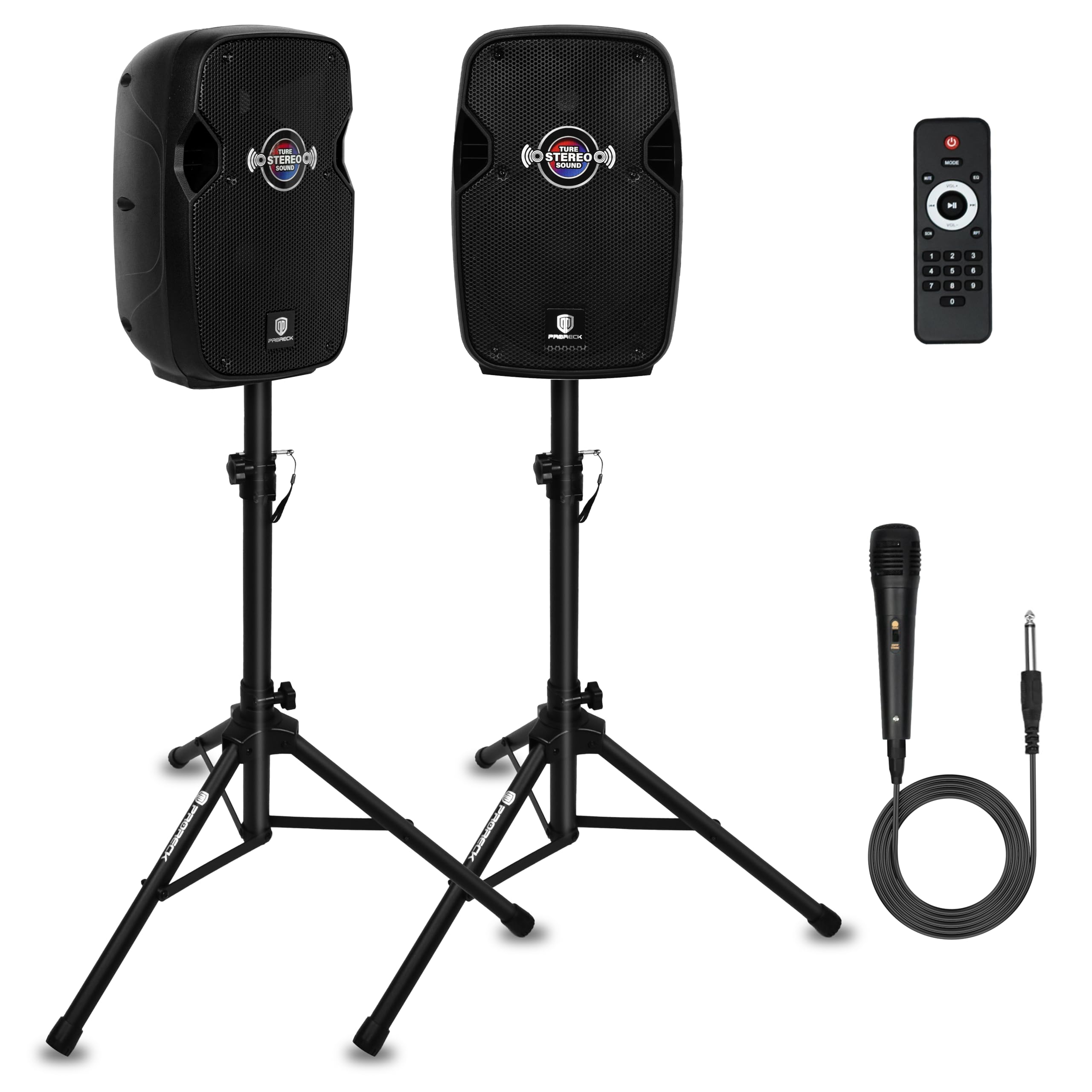 PRORECK 8-Zoll-Stereolautsprecher, 600 W Spitzenleistung, Bluetooth-PA-Lautsprecher, mit kabelgebundenem Mikrofon, Lautsprecherständern – tragbarer DJ-Lautsprecher für Partys, Veranstaltungen, Karaoke