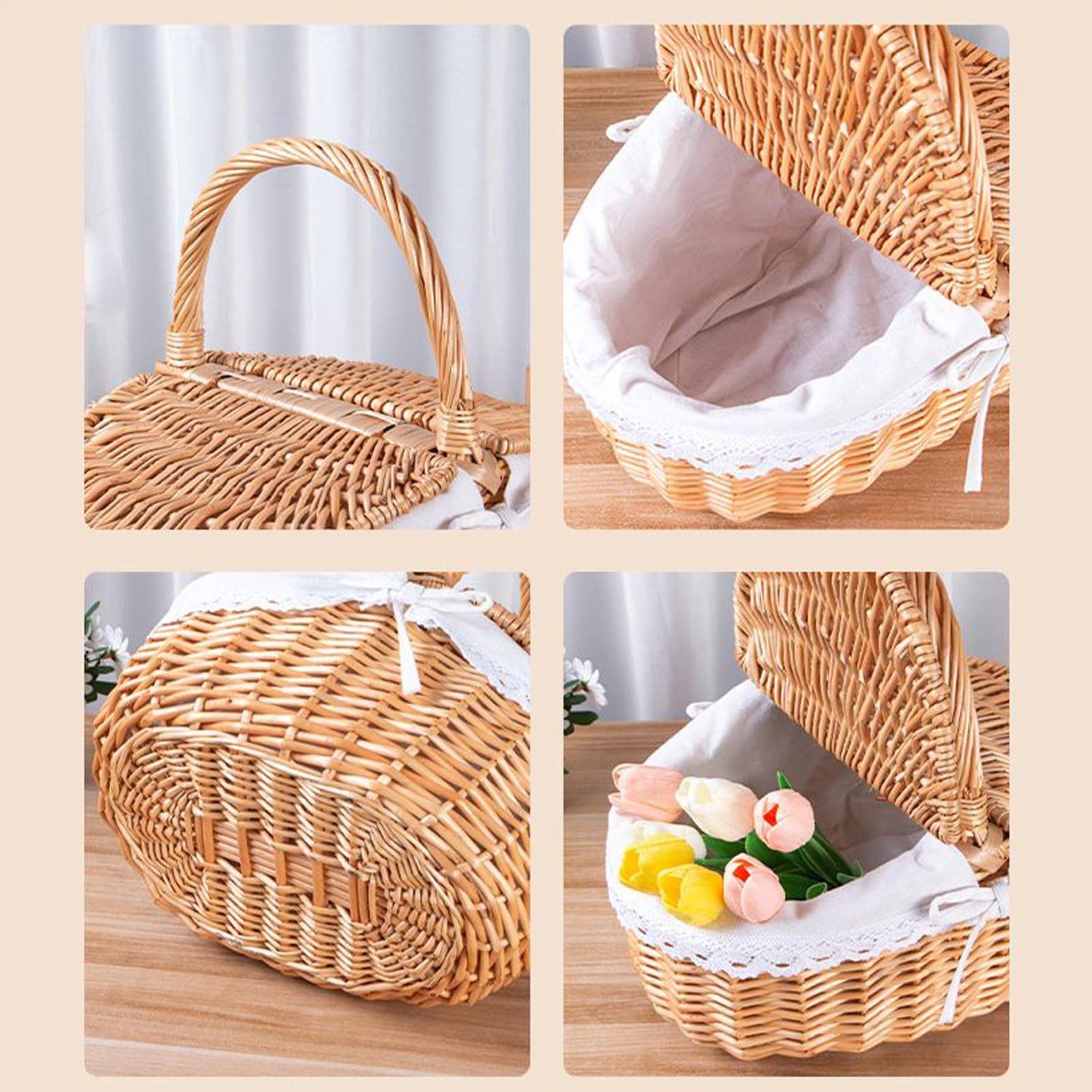 Weiden Picknickkorb Mit Deckel & Henkel – Handgeflochtener Picknickkorb Für 2 Personen Mit Entnehmbarem Innenfutter – Ideal Für Picknick, Einkaufen, Camping Und Als Geschenk