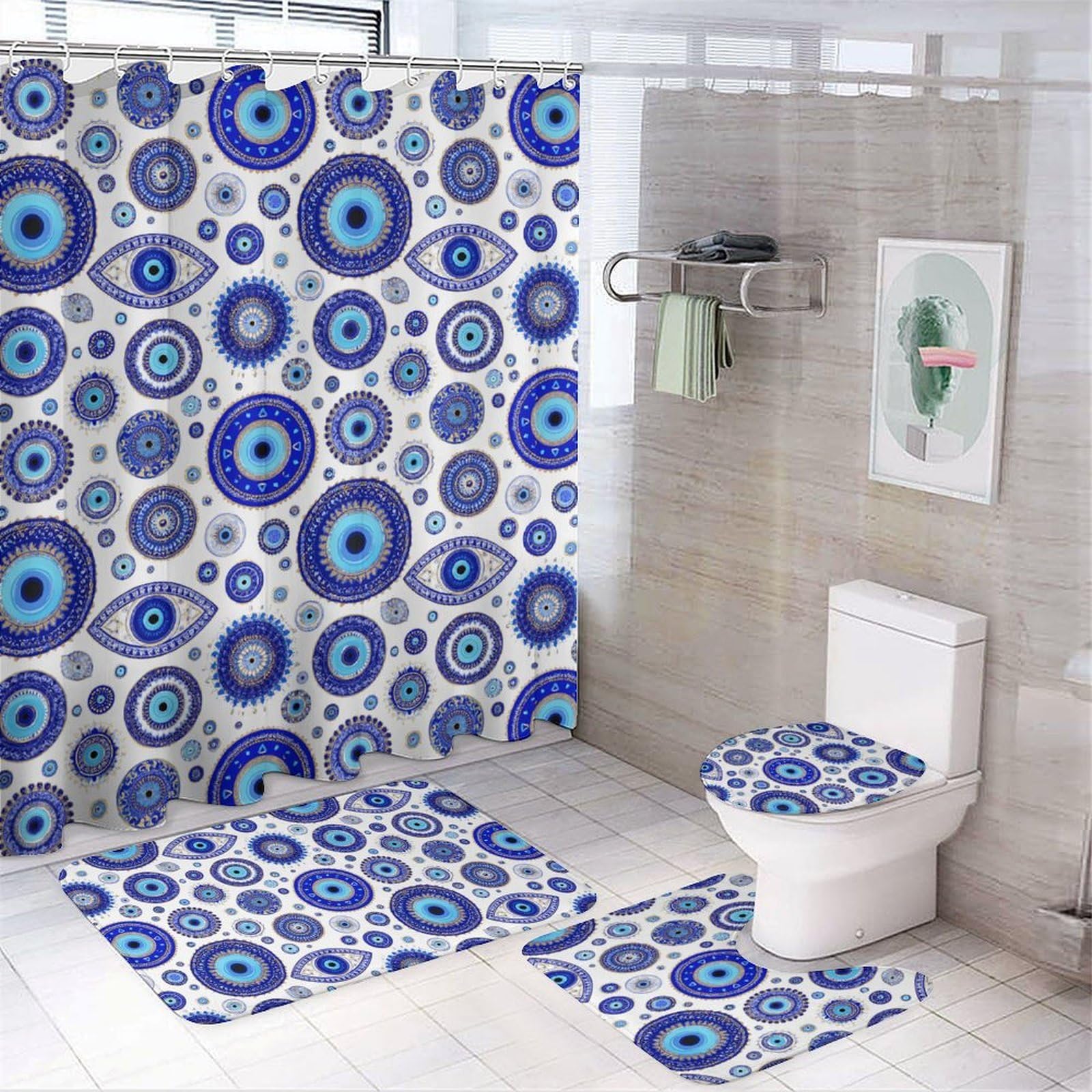CGSBNGHA Blue Greek Evil Eyes Shower Curtain Set 4 Piece Bathroom Sets with Rugs Toilet Lid Cover And U-Shaped Floor Mat