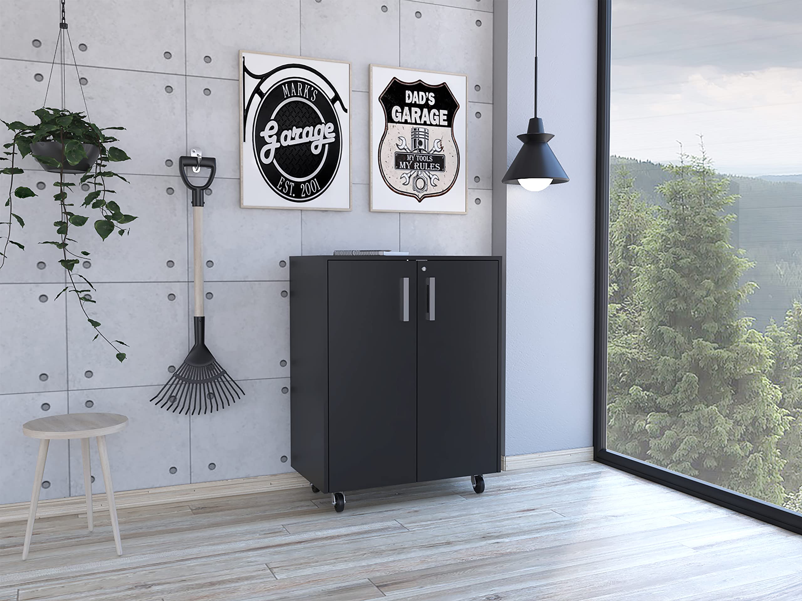 FM FURNITURE Lewis Double Storage Cabinet with 4 Casters, Metal Handles, and 2 Interior Shelves, Black