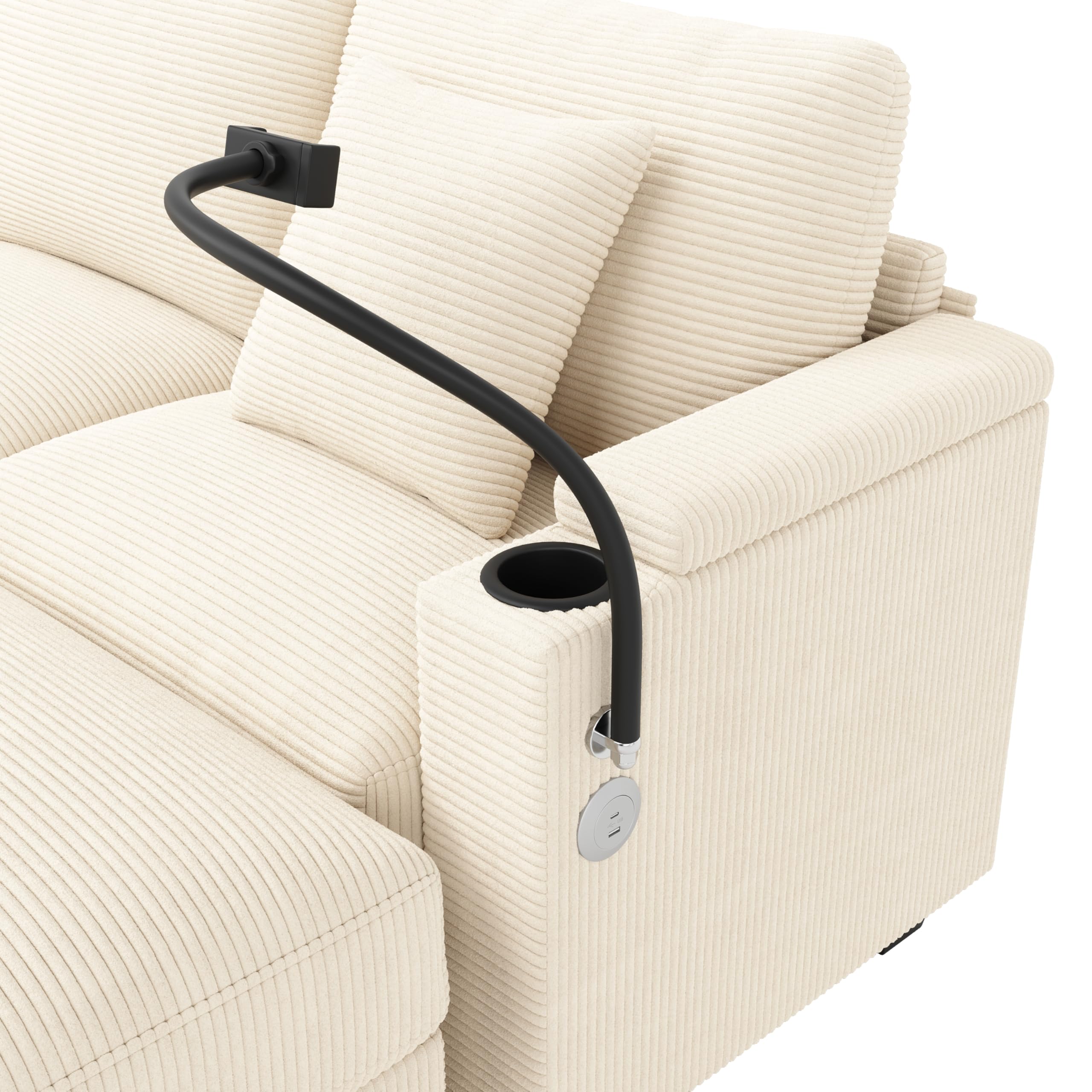 Zestaw wypoczynkowy w kształcie litery U z funkcją spania, modułowa sofa ze sztruksu, sofa narożna z uchwytem na telefon komórkowy, port ładowania USB, idealny do salonu, sypialni, beżowy