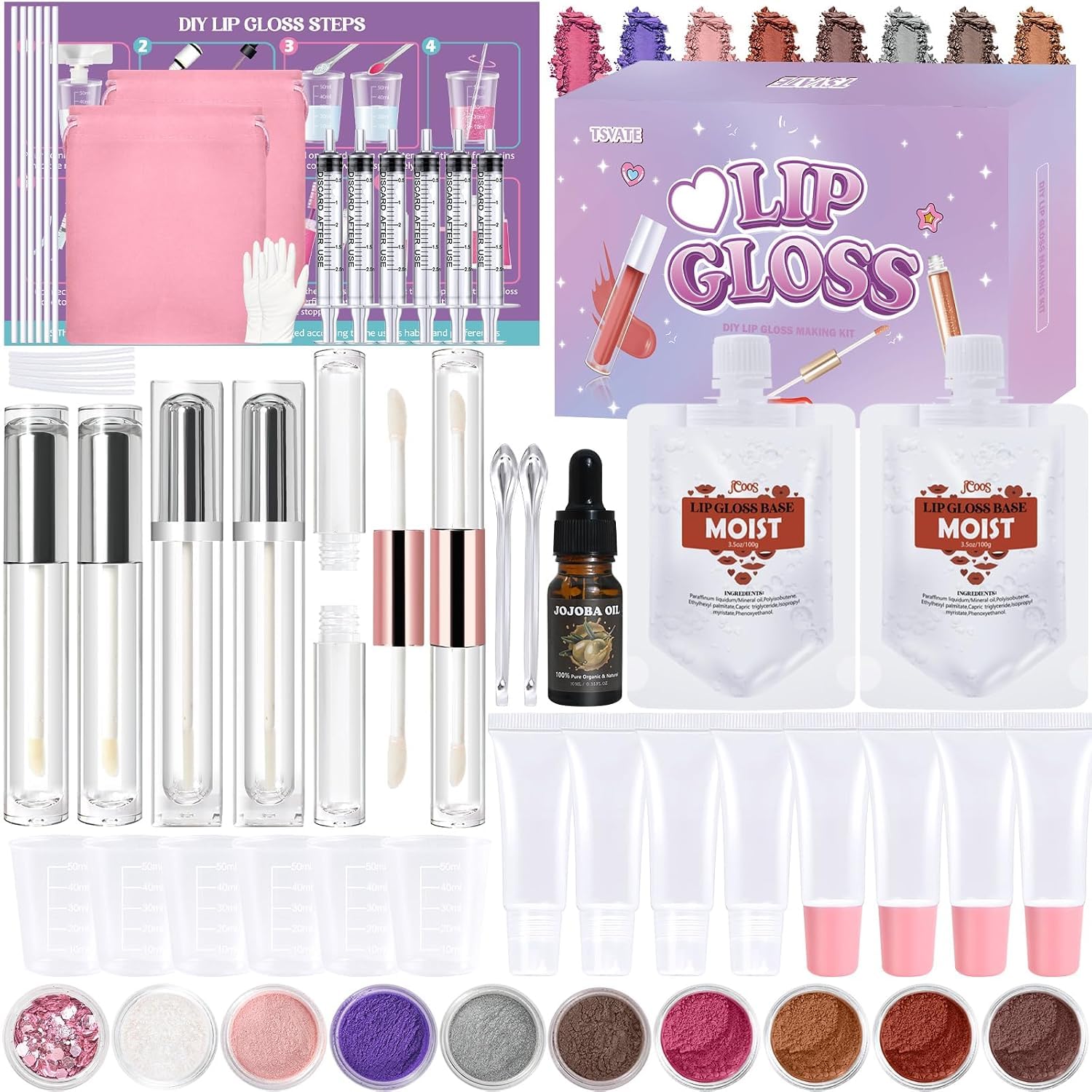 TSVATE Lip Gloss Making Kit, 58PCS DIY Lip Gloss Kit for Women, Girls & Beginners, Lip Oil Base, Jojoba Oil, Mica Powder, Pigments, Glitter, Double-Ended Tubes, Makeup Making Gift for Teens & Women