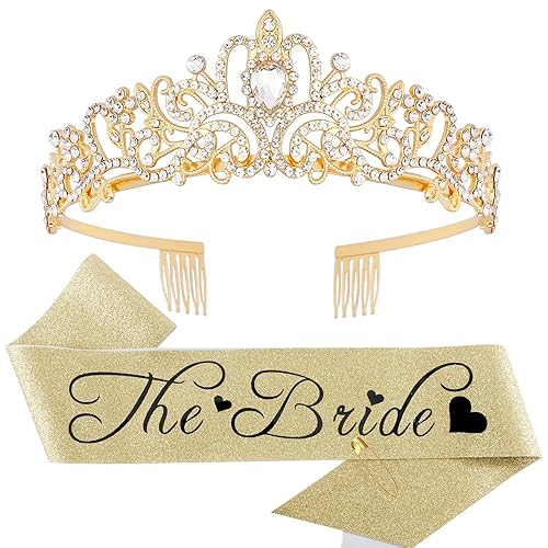 Casoty Kit de banda y tiara dorada para despedida de soltera, banda de novia, banda de despedida de soltera, banda de novia para despedida de