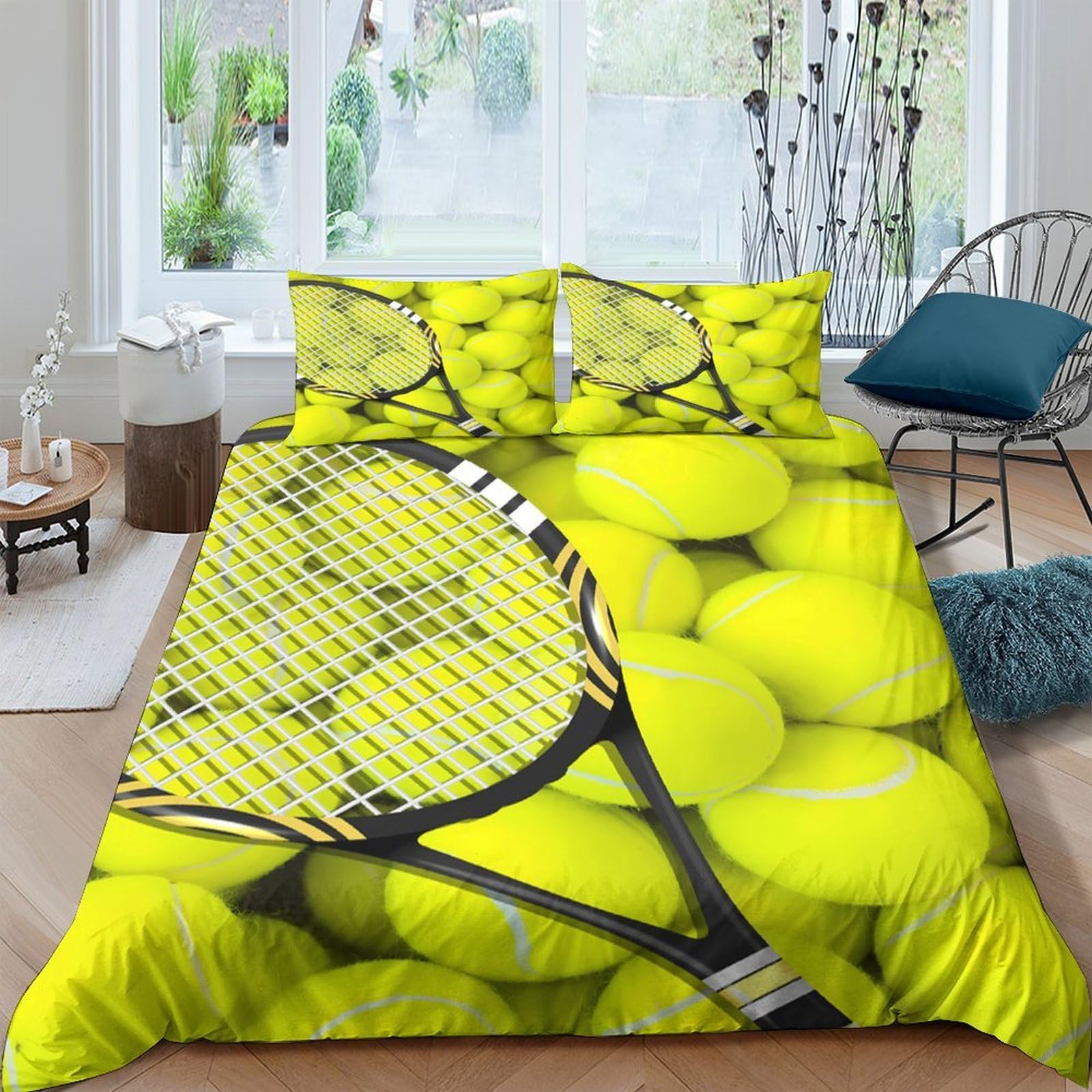 GPLZQXKJNH 3D Printed Tennis Ball Duvet Cover Microfiber Soft Breathable Racket Bedding Set with 2 Pillowcases for Bedroom Decor Single（135x200cm）