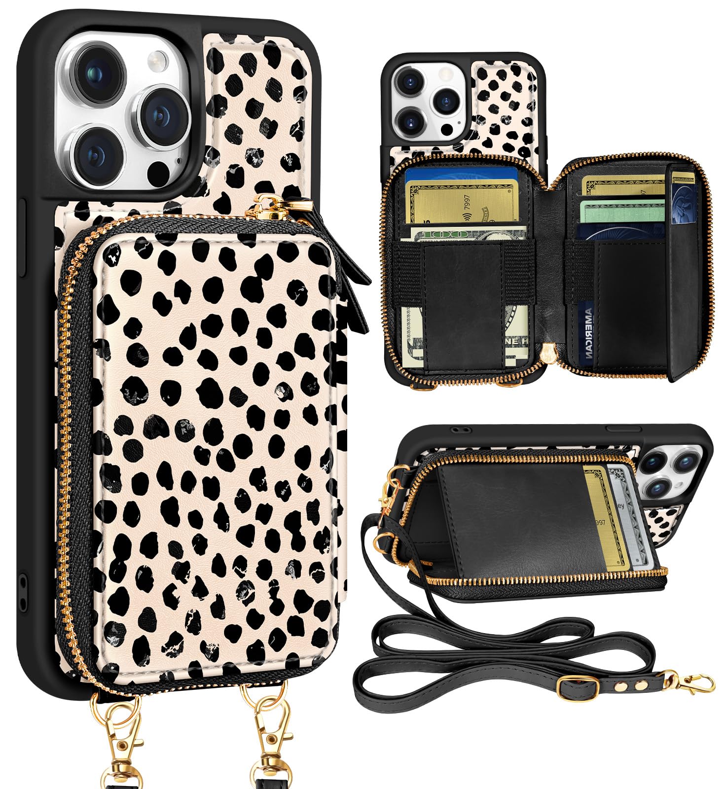 Shorogyt for iPhone 13 Pro Max Case Wallet Crossbody, RFID Blocking Card Holder Slots Designer Black Spots Leather Handbag Purse Phone Cases with Lanyard for iPhone 13 Promax