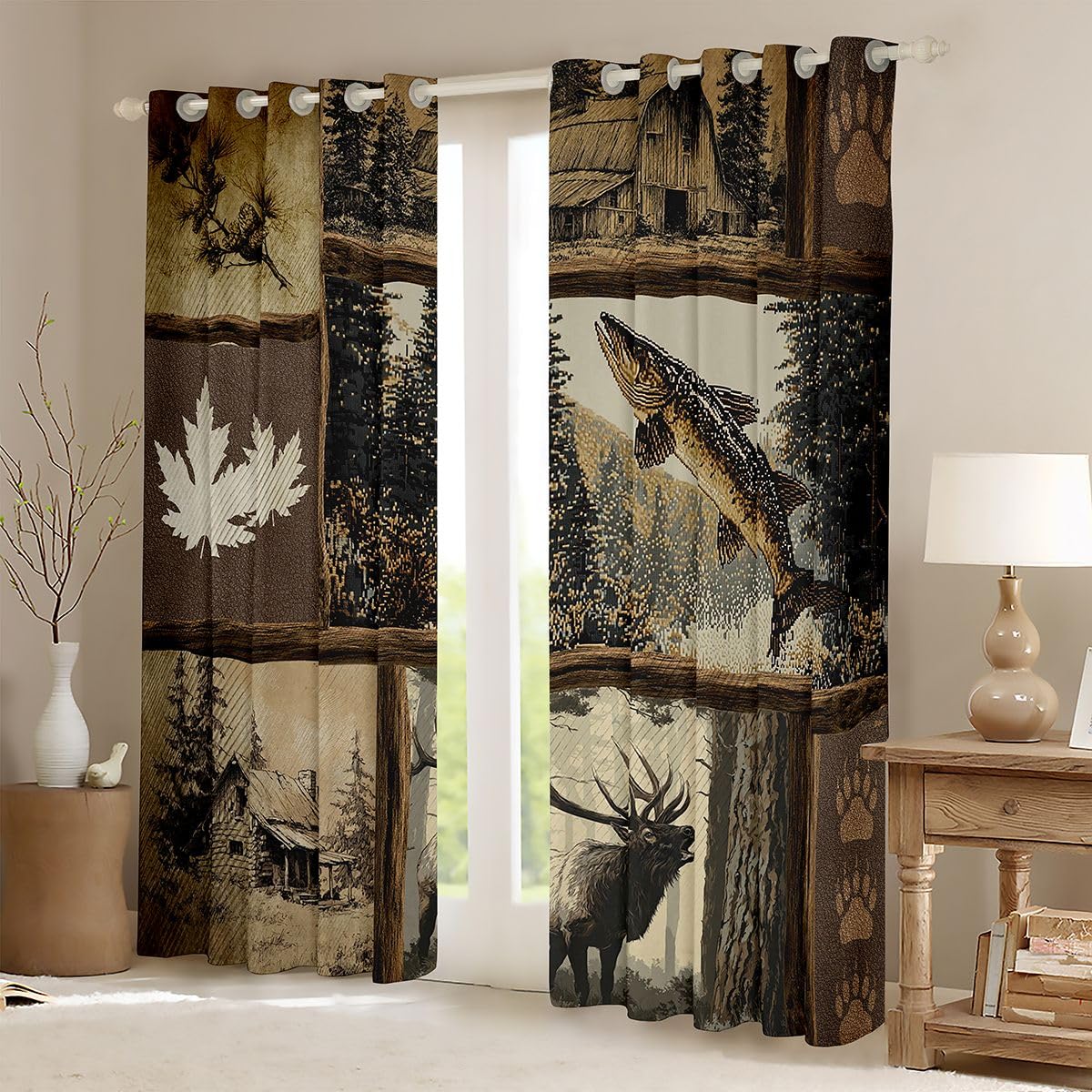 Homewish Zasłony okienne do wędkowania i polowania, 117 x 183 cm, 2 zestawy paneli - wędkarskie rustykalne zasłony zaciemniające patchworkowe dzikie zwierzęta nadruk zasłony okienne zasłony męskie