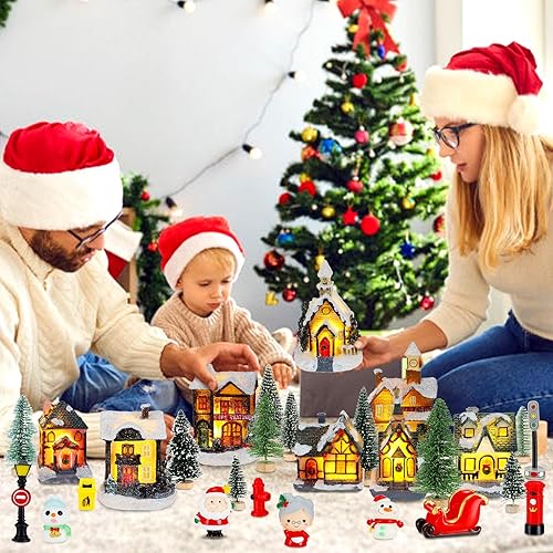 Miniatura 4 de Woanger Juego de 29 piezas de aldea de Navidad, figuras de escena de Navidad, decoración con luces LED, casas de pueblo de Navidad, hechas a mano,