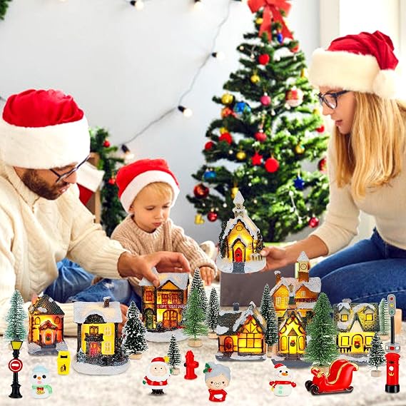 Woanger 29 Pcs Christmas Village Set LED Lighted Houses Holiday Party
