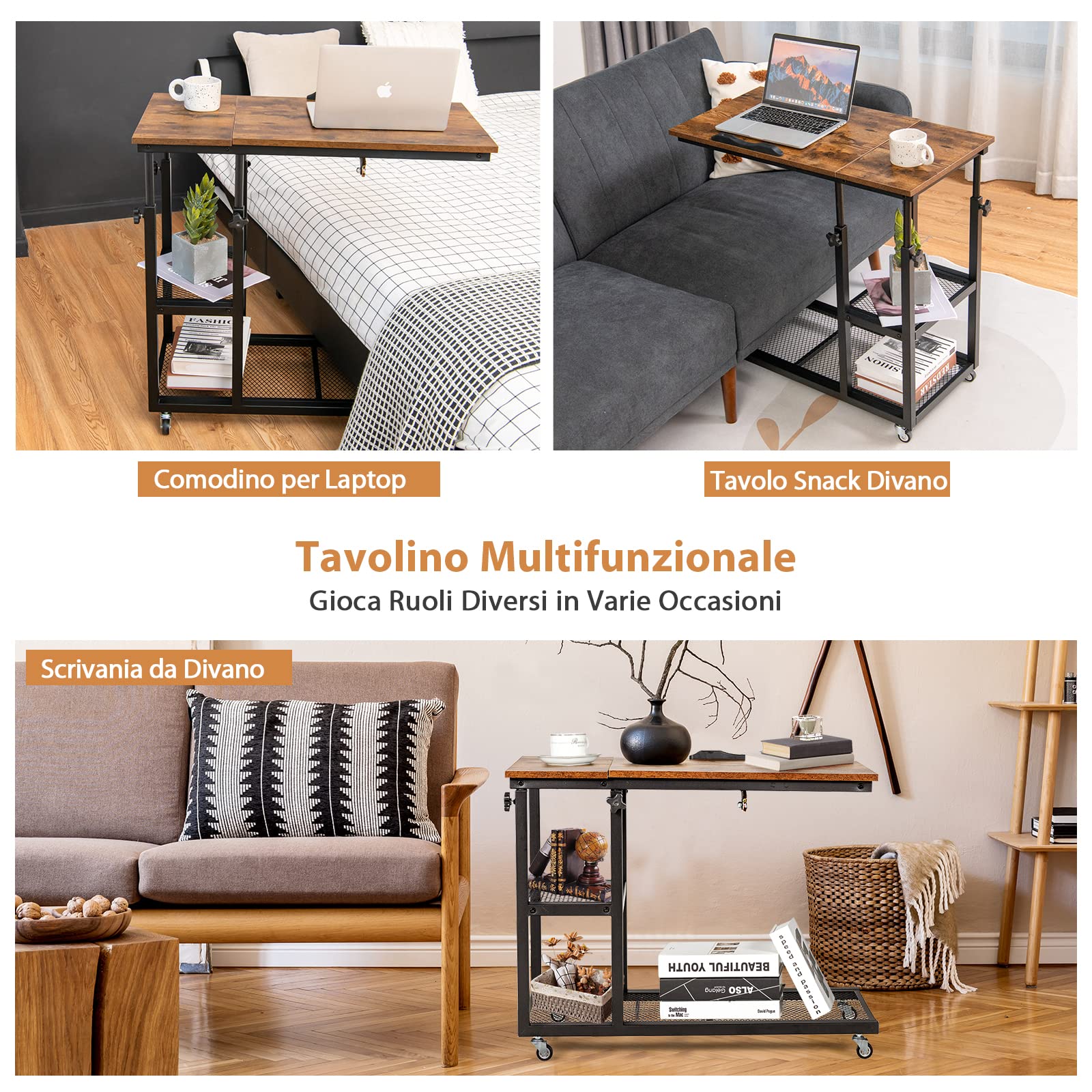 COSTWAY Tavolino Porta PC Regolabile in Altezza e Inclinazione, Tavolo Laterale per Letto e Divano con Ruote, Tavolino in Legno e Metallo per Salotto e Camera da letto, 80 x 40 x 64-95 cm (marrone)