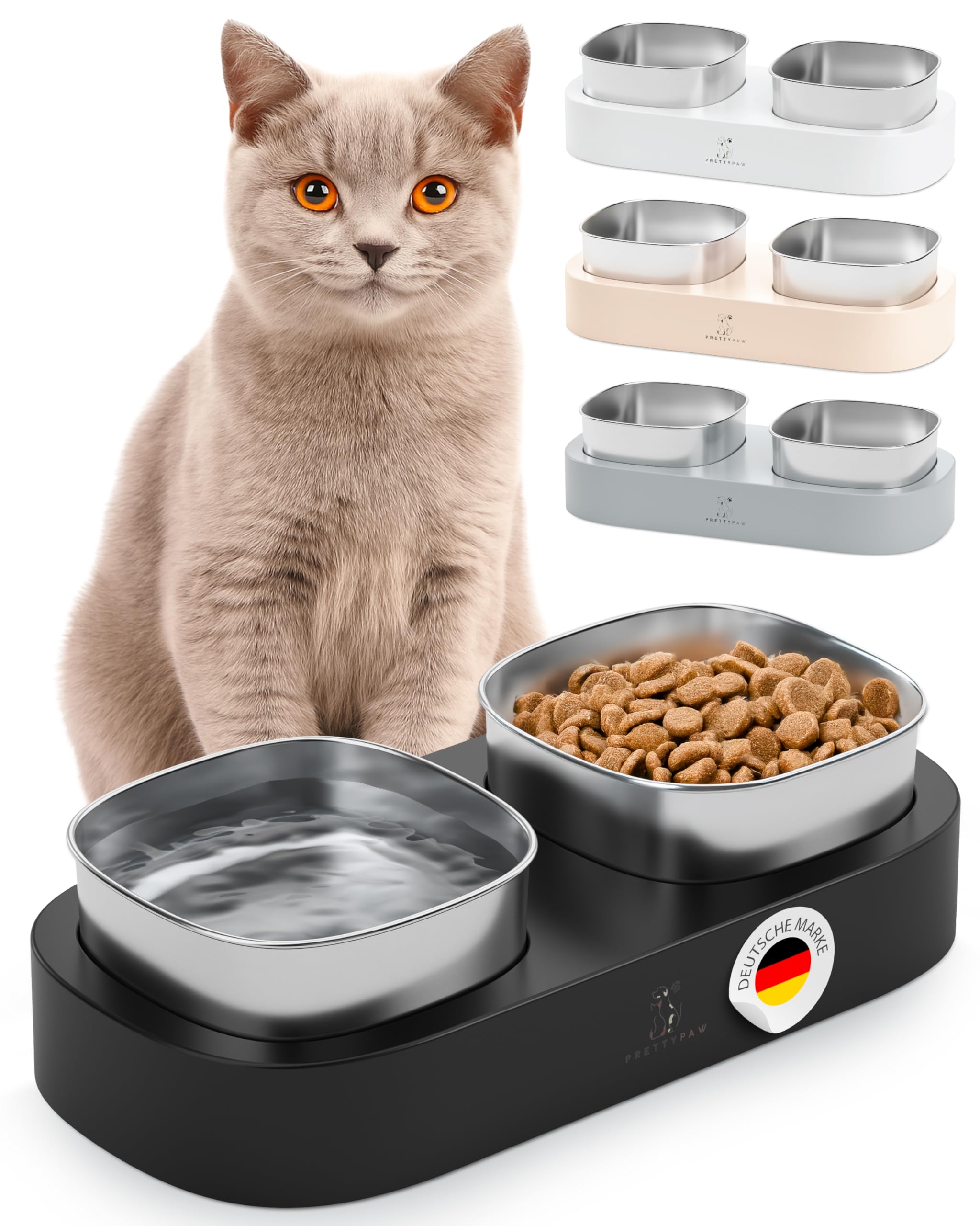 Pretty Paw Erhöhter Katzennapf – Doppel-Futternapf mit Rutschfester Plattform & Edelstahl-Schalen für ergonomisches Fressen (Schwarz)