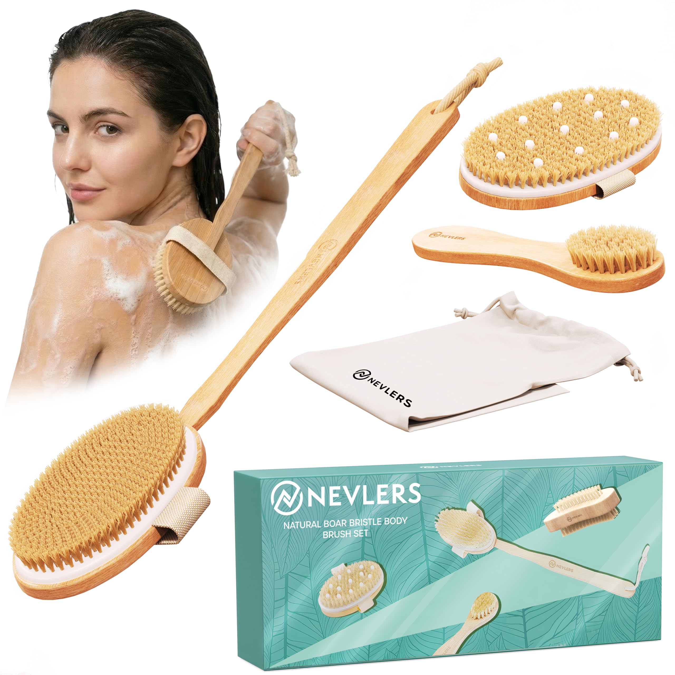 Nevlers Natural Boar Bristle Dry Brushing Set | 4-Piece Body Brush Kit for Exfoliating, Lymphatic Drainage & Circulation | Body Brush, Face Brush, Long-Handled Back Brush + Storage Bag