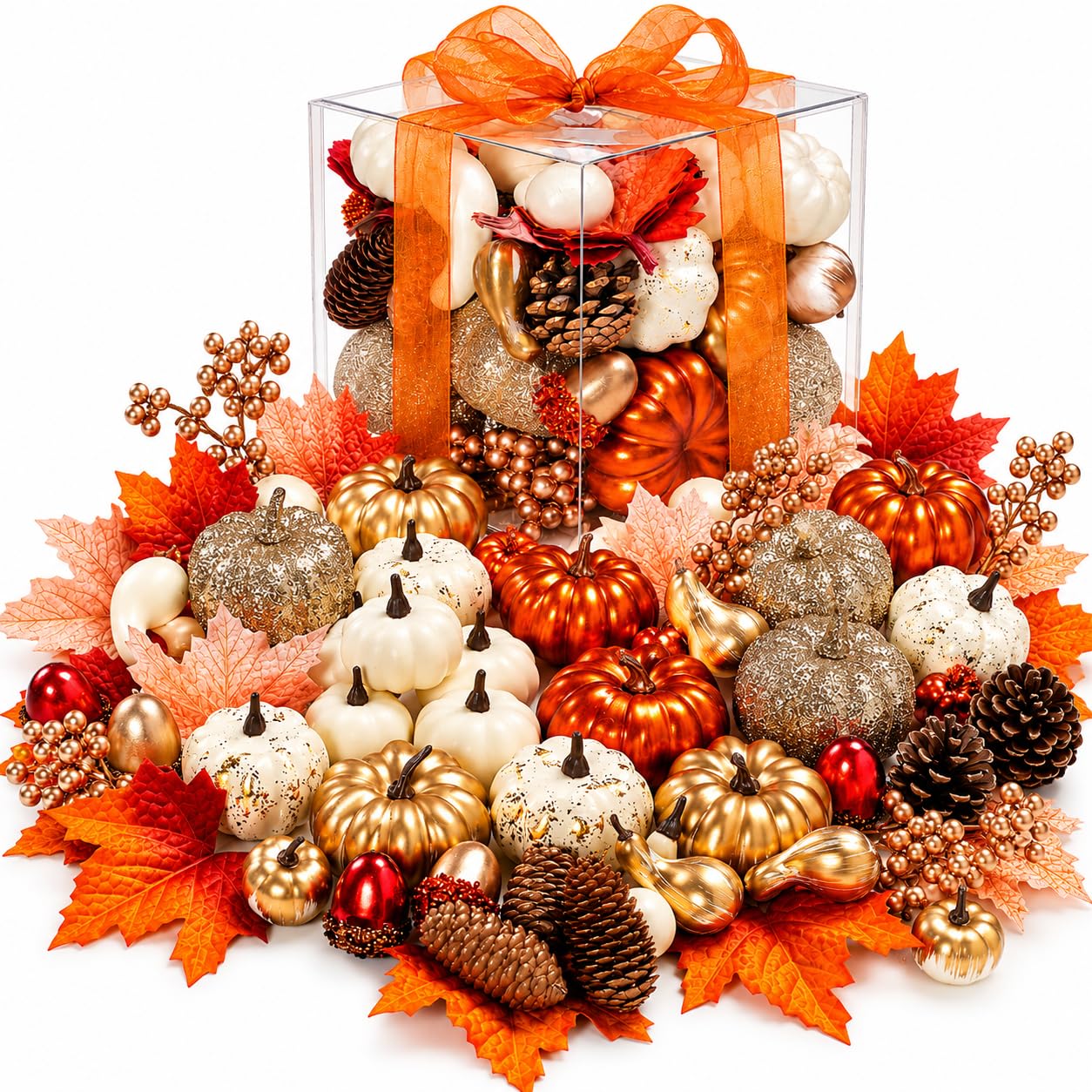 Luxury 52 Pcs Fall Pumpkins Decor Set, Handmade Gold Silver White Artificial Pumpkins with Maple Leaves &amp; Pine Cones, Fall Decor for Halloween Thanksgiving Mantel Tabletop