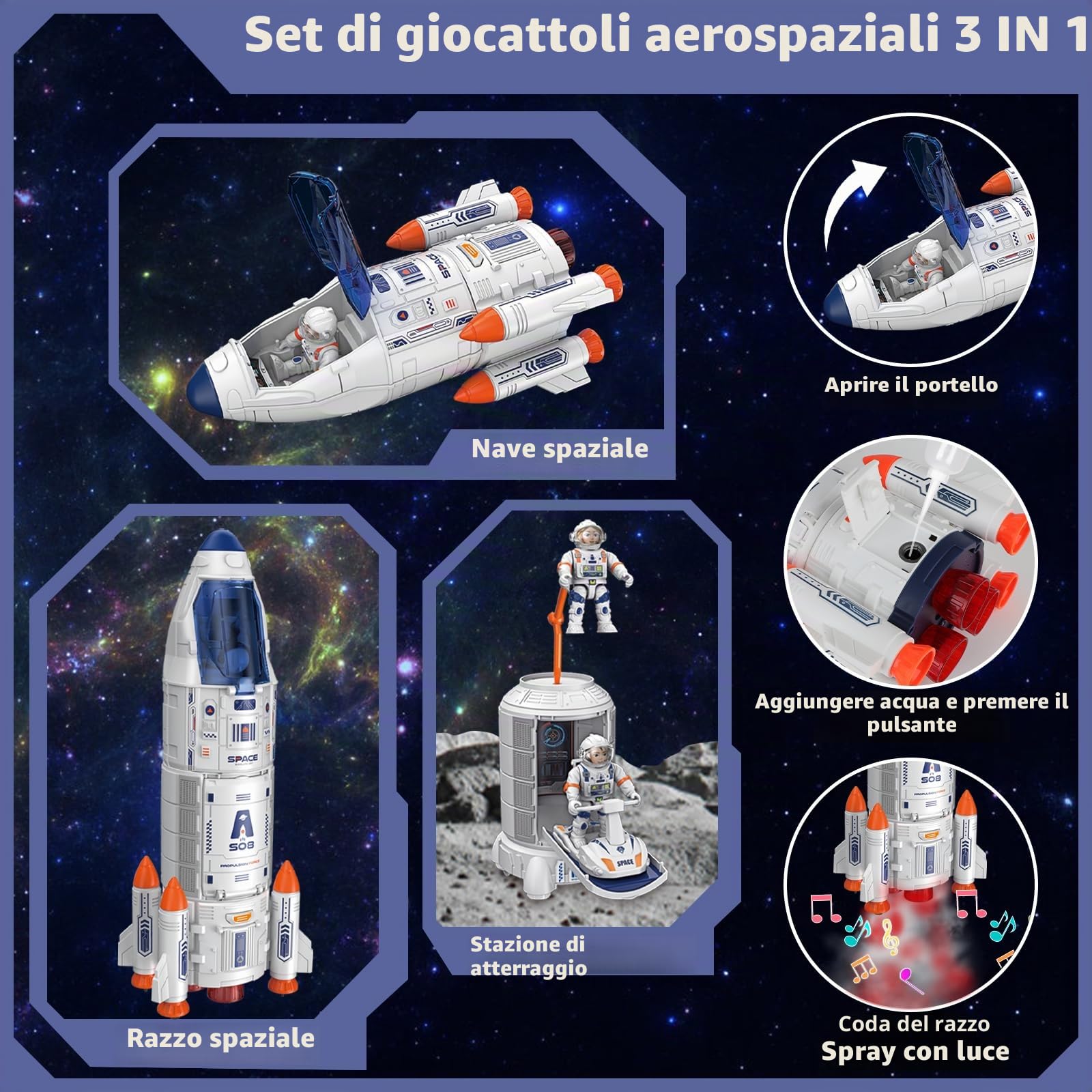 deAO Razzo e Navetta Spaziale per Bambini 3+, Giocattolo Educativo STEM con Astronauti, Rover, Stazione Spaziale e Tappetino Sistema Solare