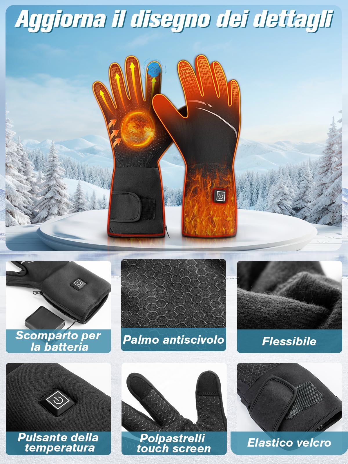 POSUGEAR Guanti Riscaldabili per Uomo Donna, Guanti Riscaldati Sottili Interni Fodera,uanti Riscaldati Moto con 7.4V 3200MAh*2 a Batteria,3 température, Guanti Invernali Riscaldanti Touchscreen