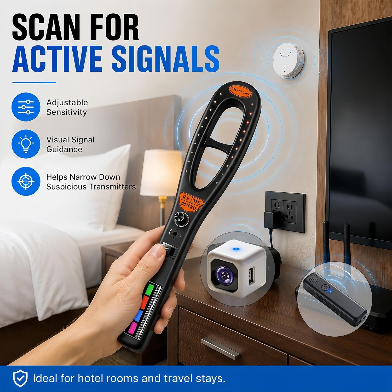Hidden Camera Detector Bug Detector, RF Signal Detector and Magnetic Field Detector with Camera Lens Finder, Portable Privacy Protection Device for Hotel Room, Vehicle, Office, Travel, Home
