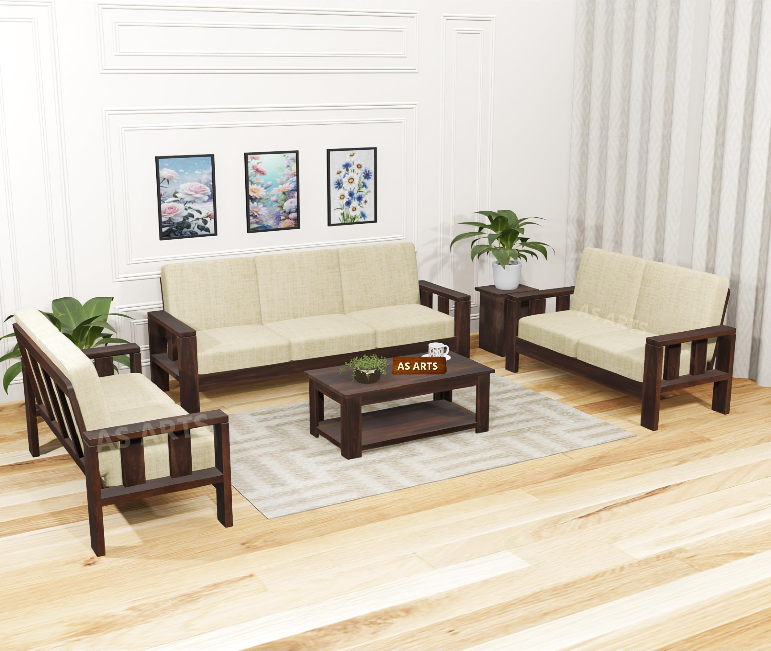 7 Seater Wooden Sofa Set with Center Table | Solid Wood Sofa Set (3+2+2) Walnut Finish, 40 x 65 Centimeters