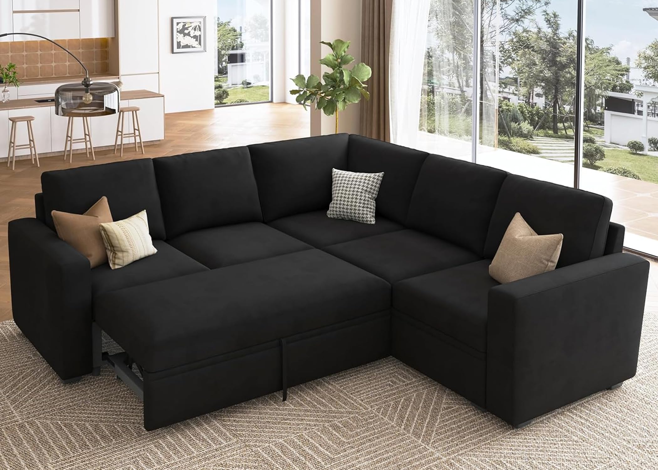 HONBAY Sectional Sleeper Sofa with Pull Out Bed, Velvet L Shaped Couch with Storage Seat, Modular Sectional Couches for Living Room, Black