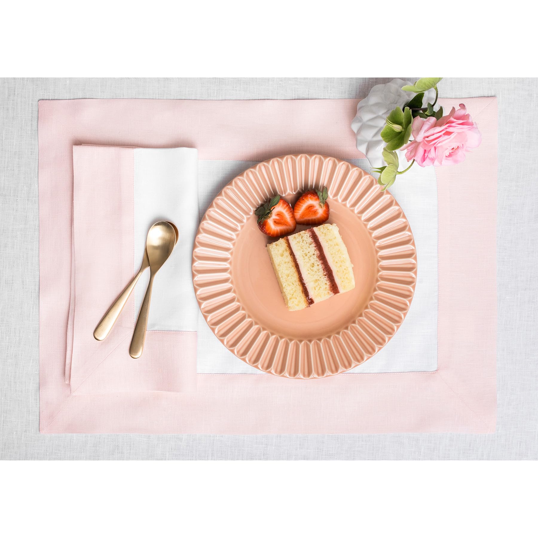 Solino Home Contempo - Juego de 4 manteles individuales de lino 100 % puro, color rosa y blanco, 48 cm de largo x 35 cm de ancho, lavables para primavera, Pascua, color rosa y blanco