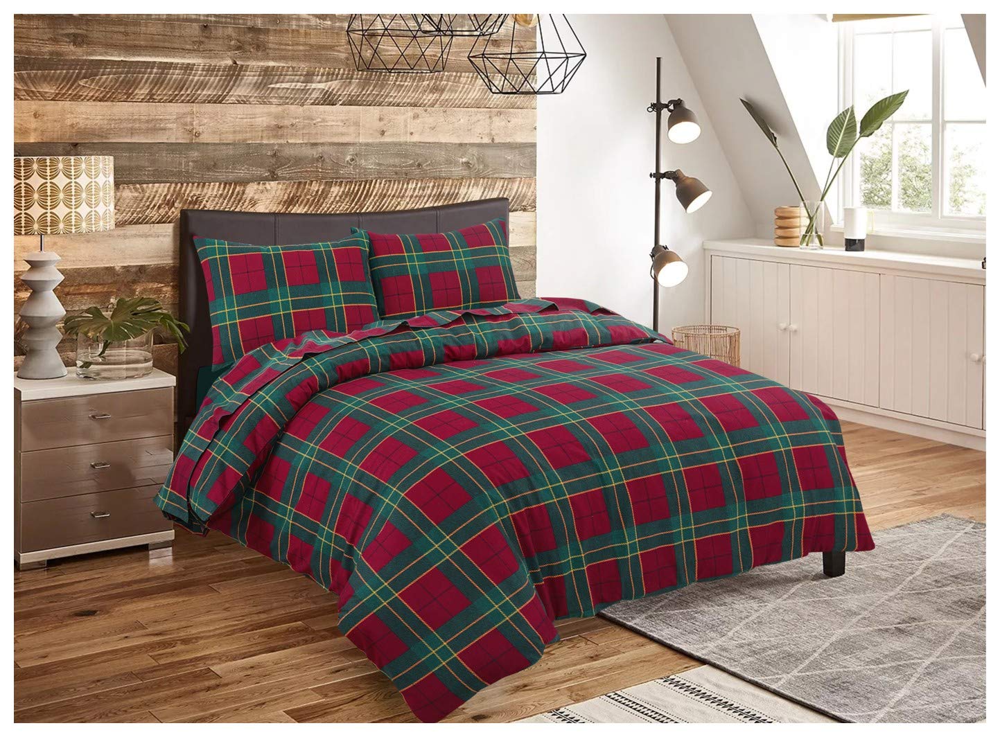 Hendem Red Hendem® Tartan Flannelette Duvet Check Quilt Cover Set Thermal Flannel 100% Brushed Cotton (, Single)