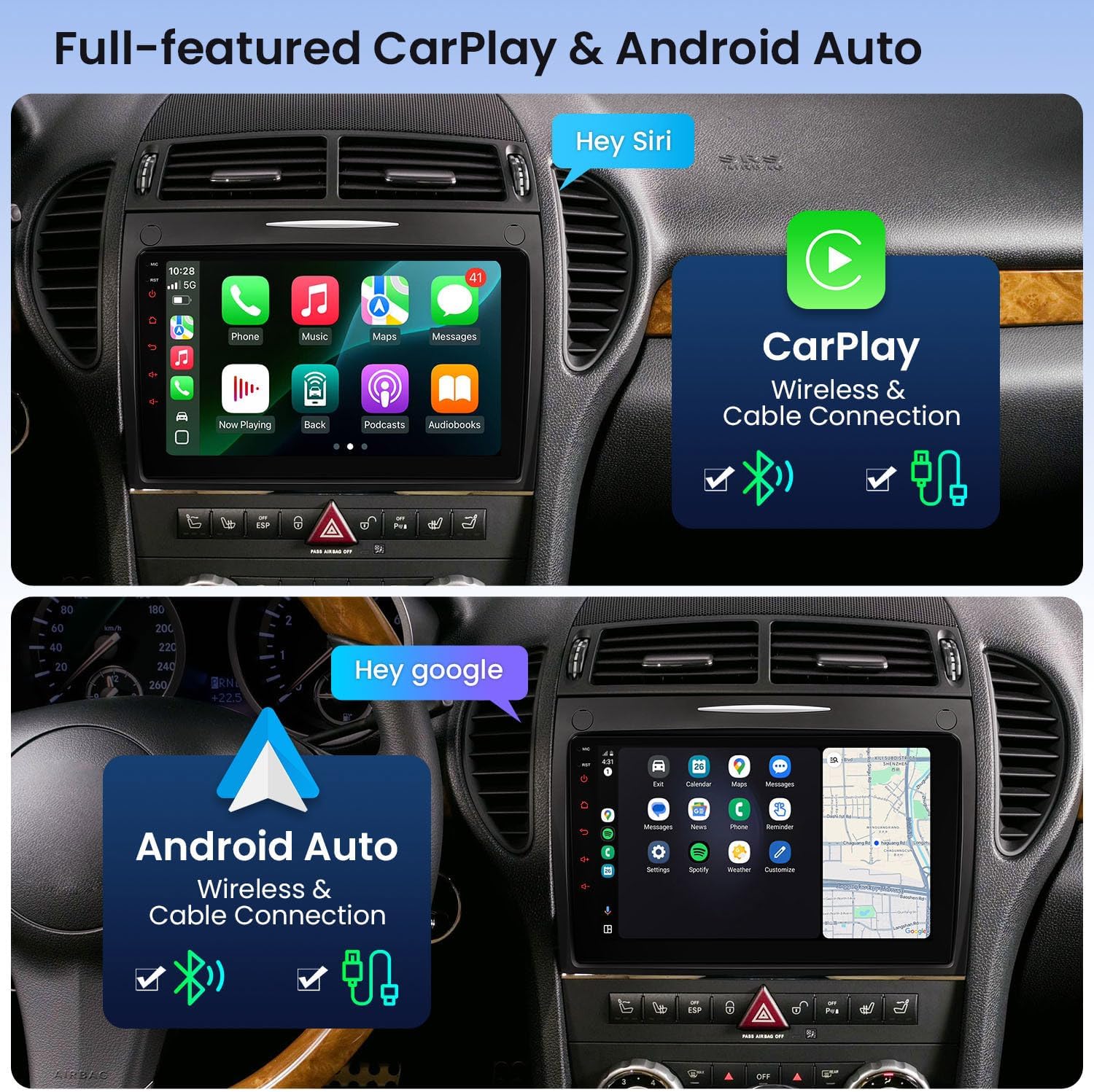 Screenshots of Apple CarPlay and Android Auto interfaces on the XTRONS car stereo, showing navigation, music, and app icons.