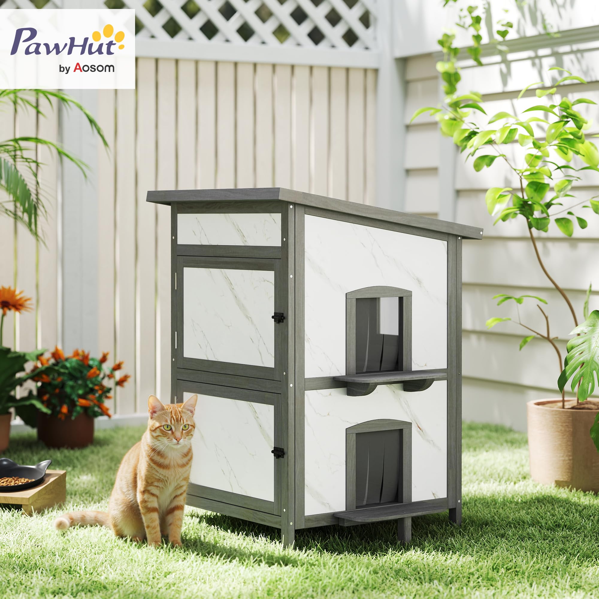 Casa de Madera para Gatos PawHut, casa para Gatos aislada de 2 Pisos para Exteriores con Ventana, Varias Puertas, Techo Repelente al Agua, Cueva para Gatos Caja para Gatos para Exteriores, 60 x 60 x