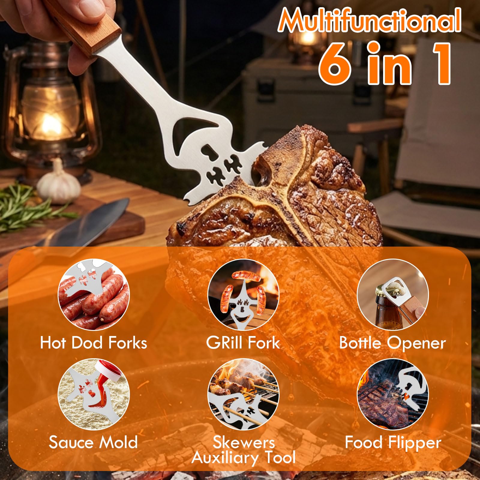Ensemble d'ustensiles de barbecue en acier inoxydable 4 pièces avec pinces, spatule, fourchette à viande, manches en bois